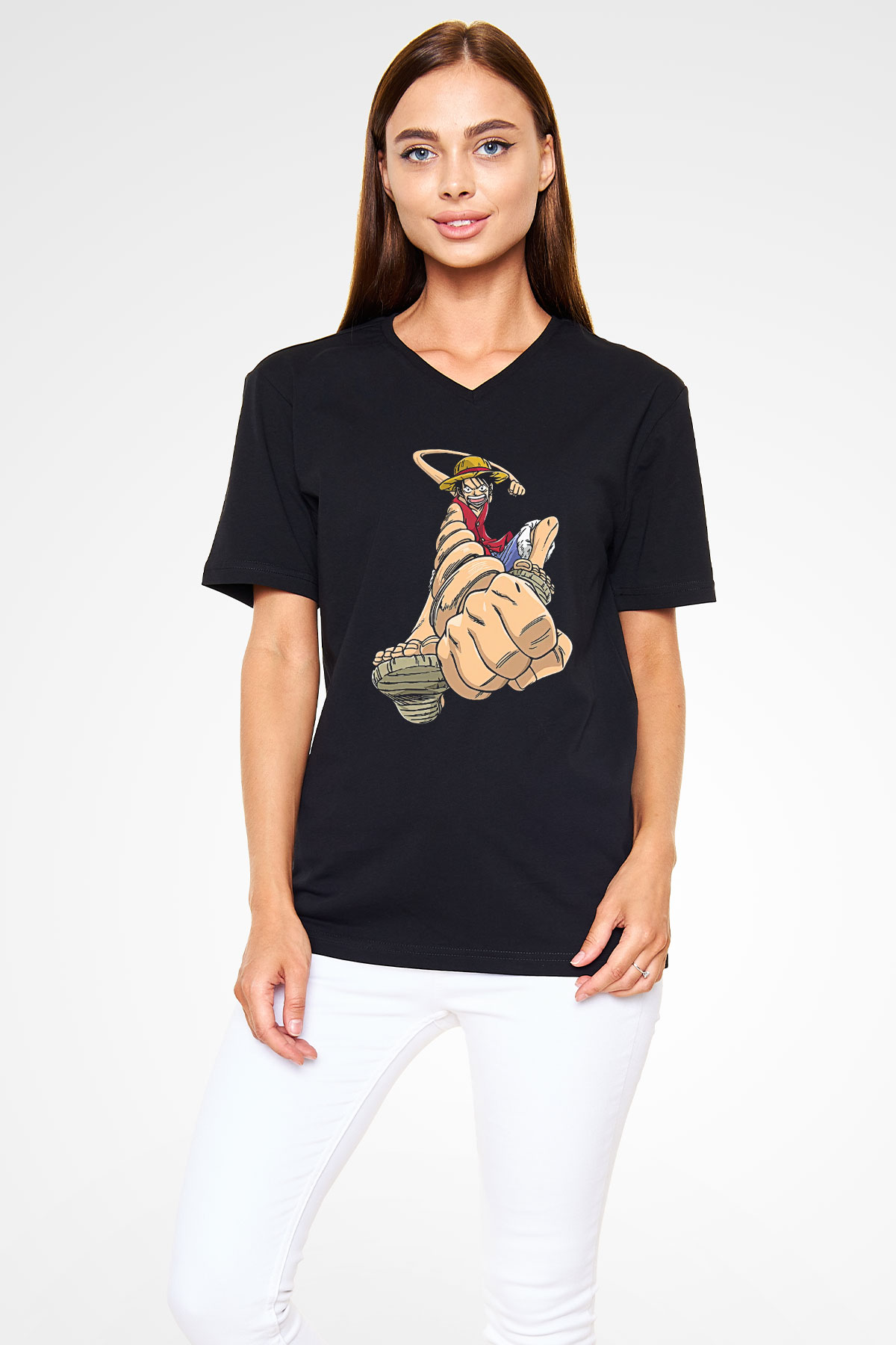 One Piece Baskılı Unisex Siyah V Yaka Tişört - Tshirt