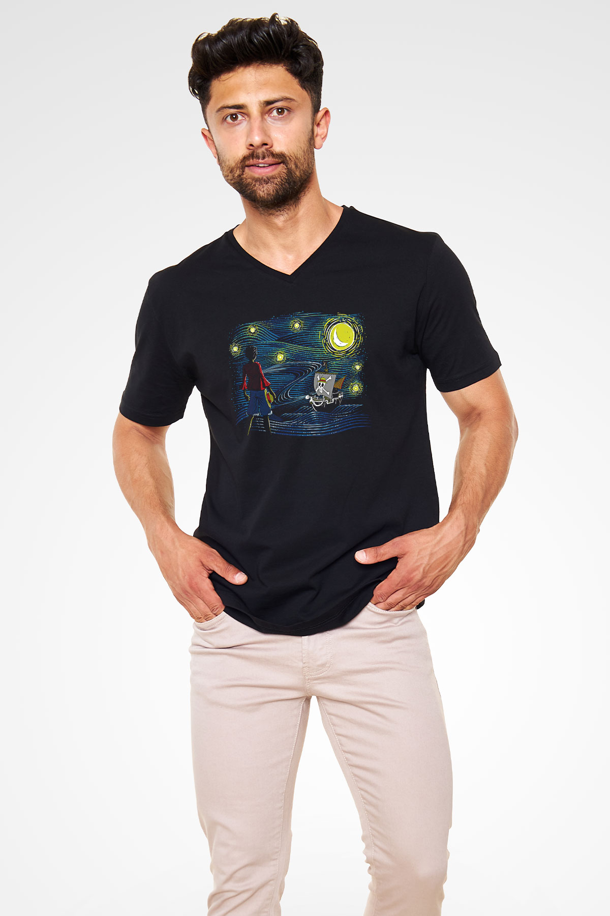 One Piece Baskılı Unisex Siyah V Yaka Tişört - Tshirt