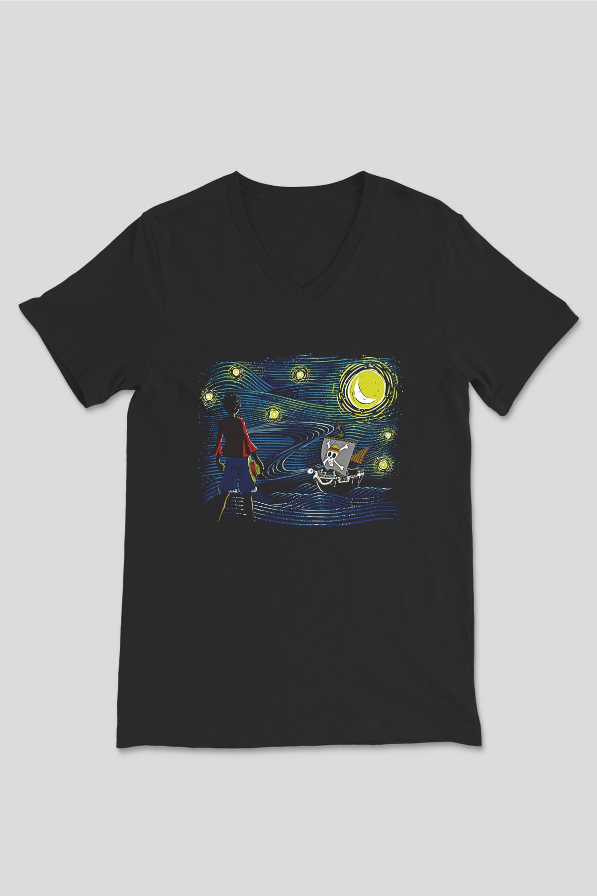 One Piece Baskılı Unisex Siyah V Yaka Tişört - Tshirt