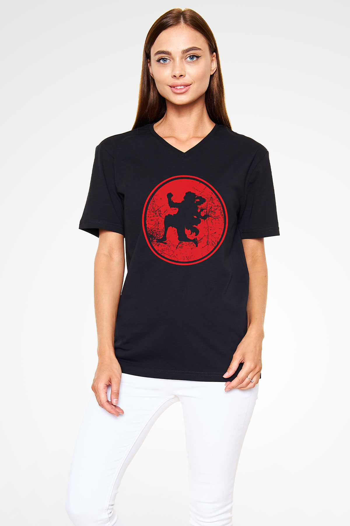 One Piece Baskılı Unisex Siyah V Yaka Tişört - Tshirt
