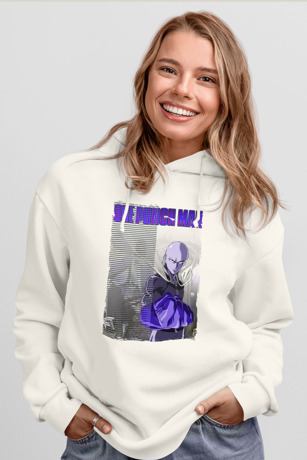 One Punch Man Beyaz Unisex Hoodie