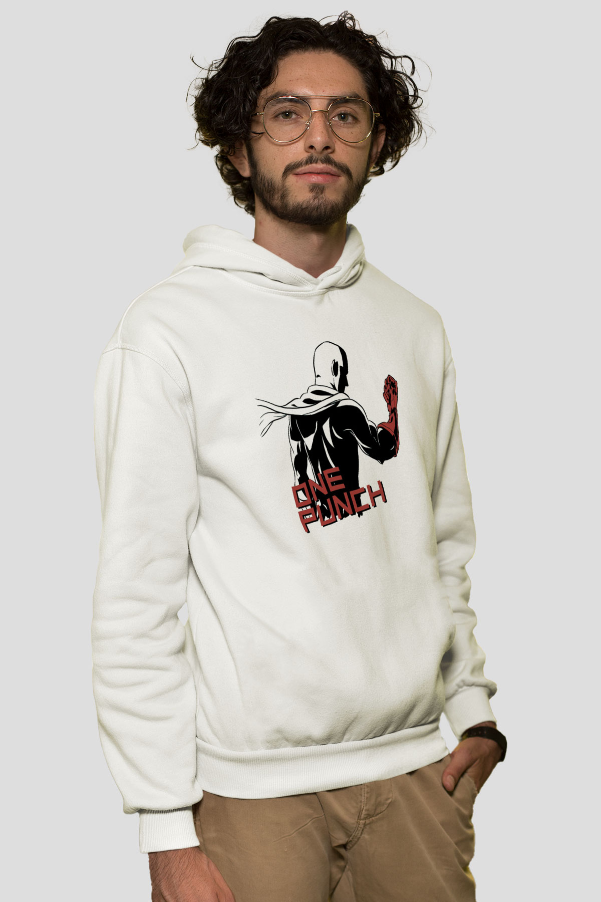 One Punch Man Beyaz Unisex Kapşonlu Sweatshirt