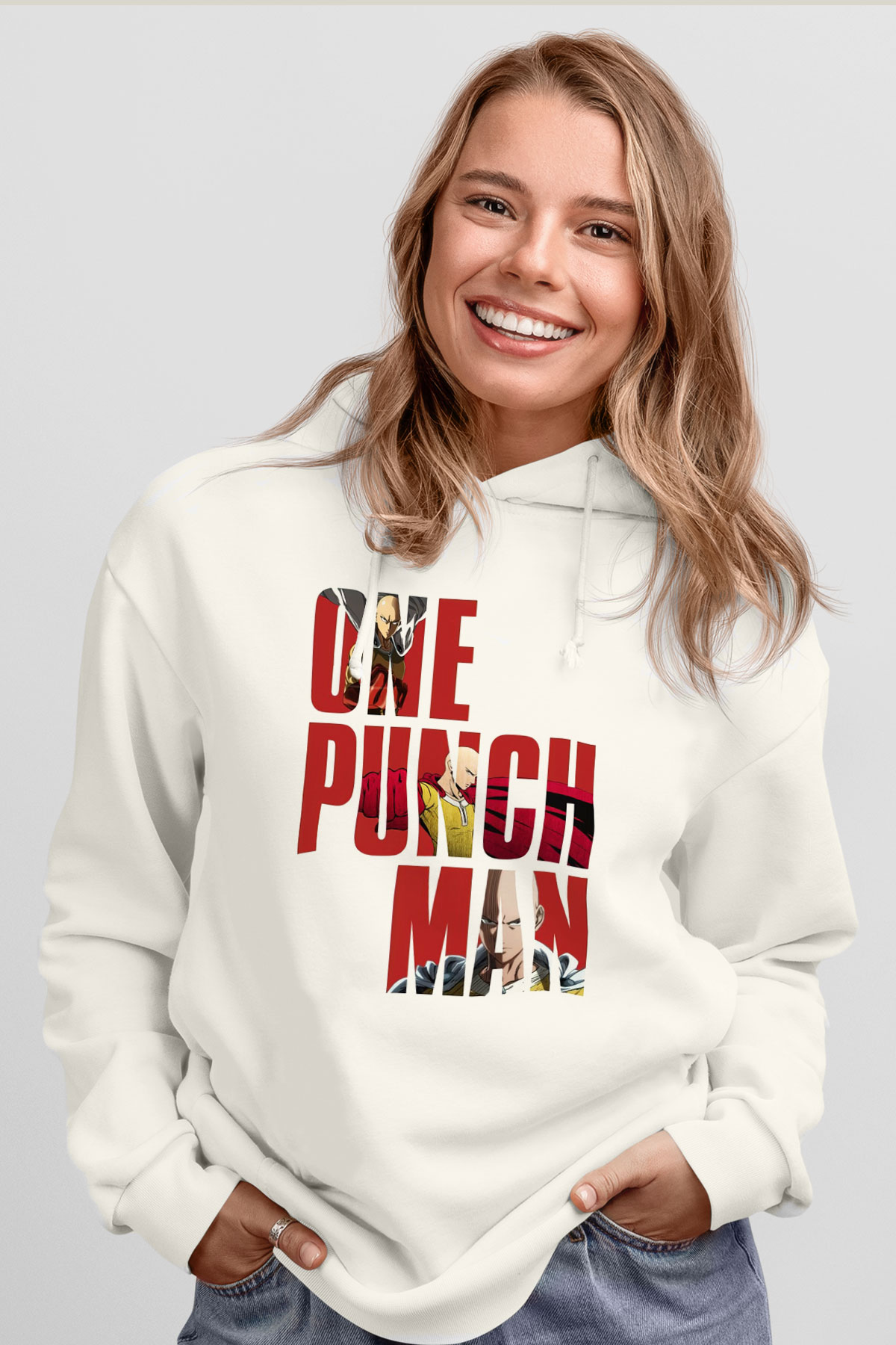 One Punch Man Beyaz Unisex Kapşonlu Sweatshirt