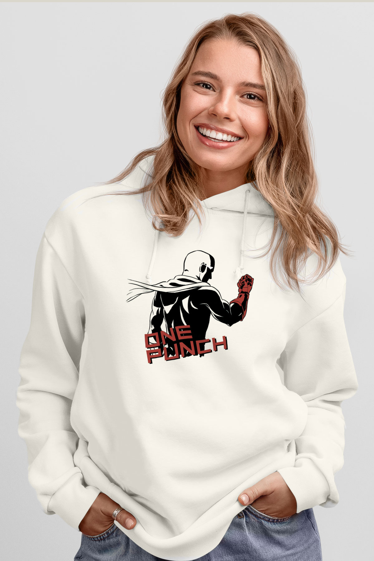 One Punch Man Beyaz Unisex Kapşonlu Sweatshirt