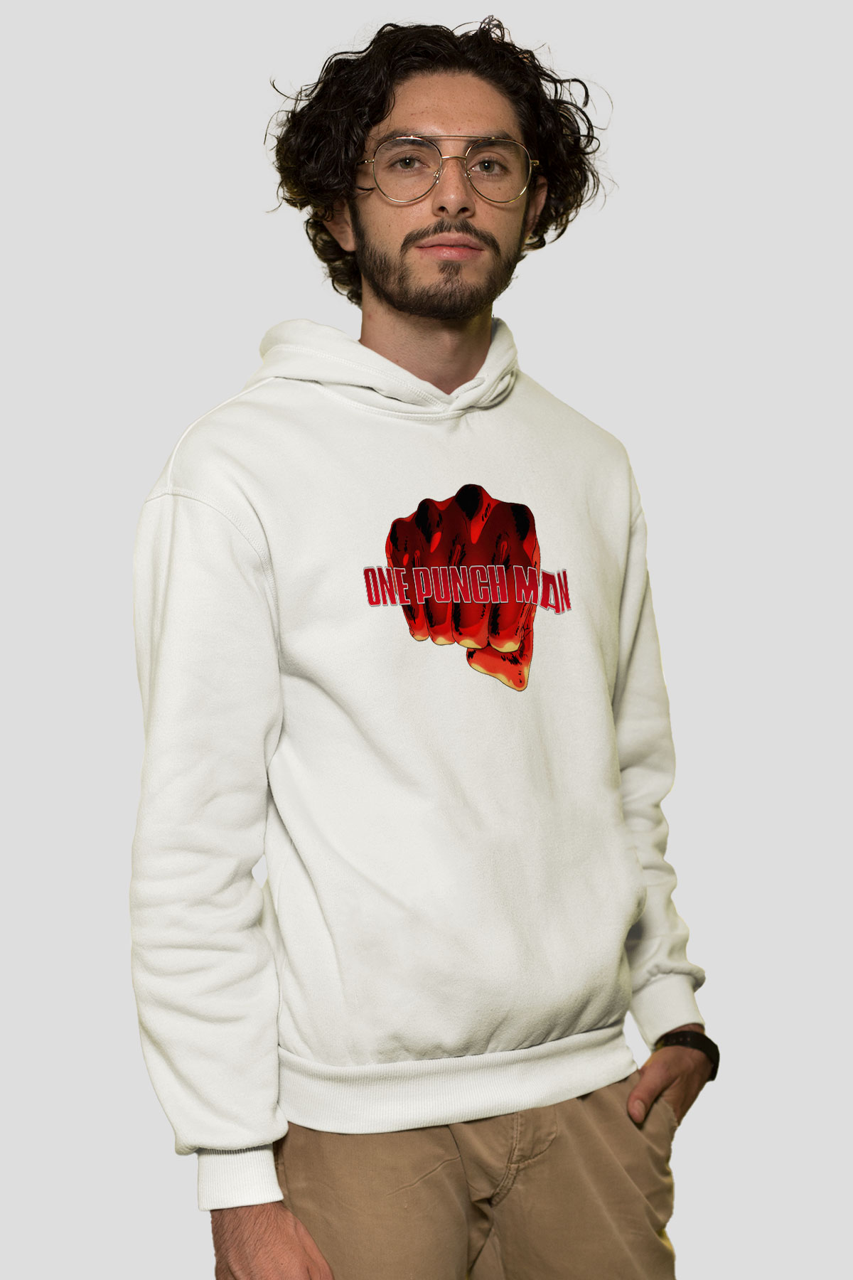 One Punch Man Beyaz Unisex Kapşonlu Sweatshirt