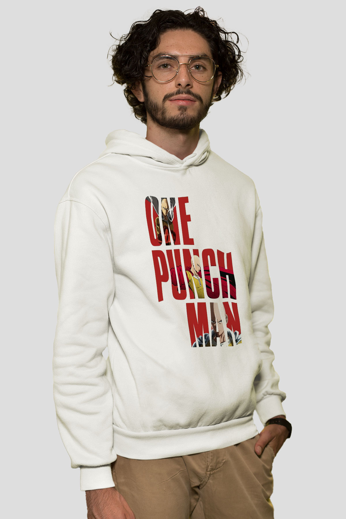 One Punch Man Beyaz Unisex Kapşonlu Sweatshirt
