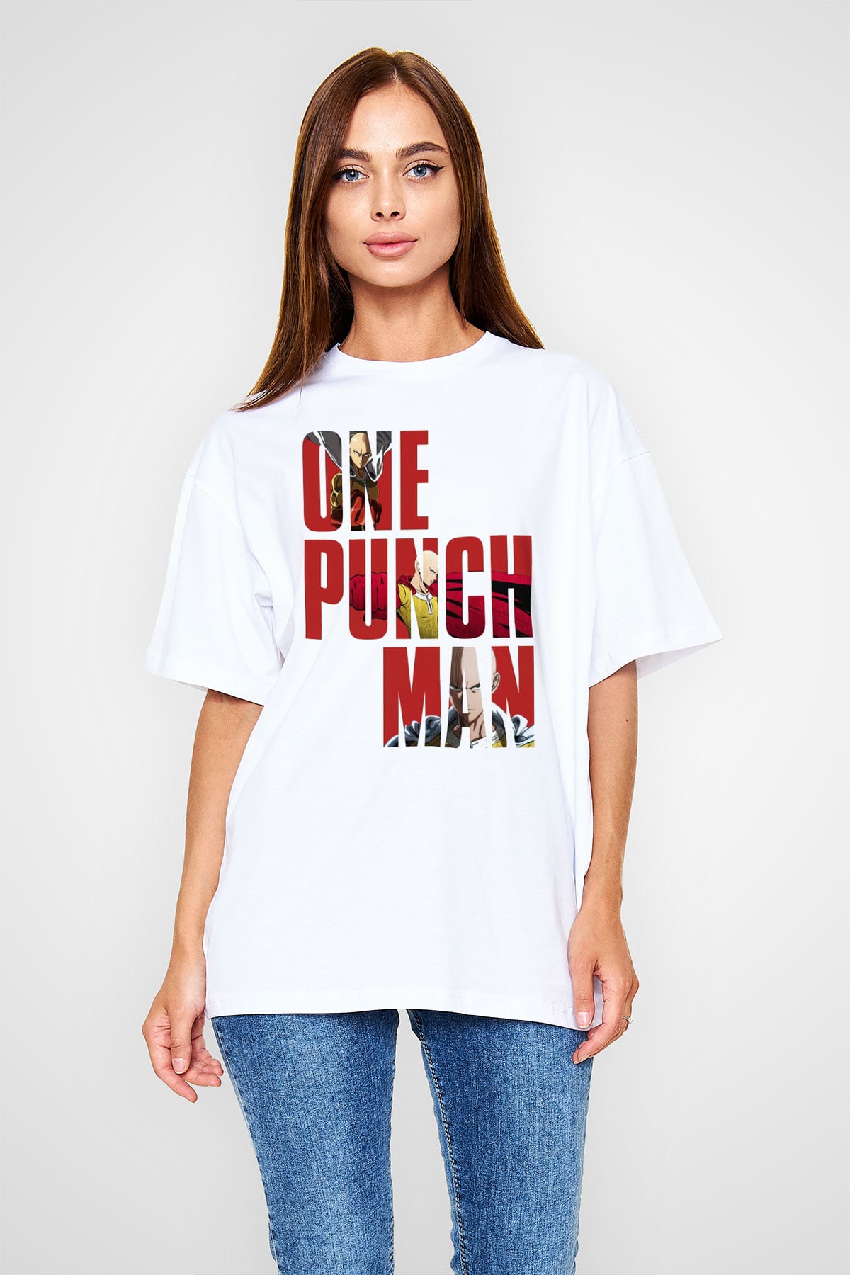 One Punch Man Beyaz Unisex Oversize Tişört T-Shirt