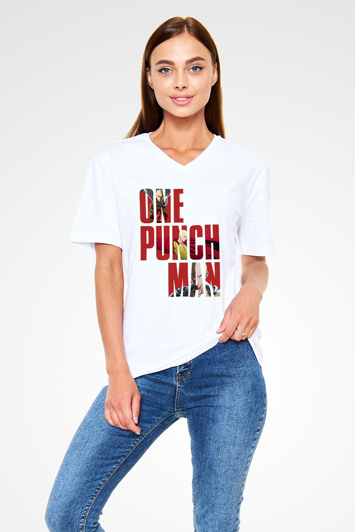 One Punch Man Beyaz Unisex V Yaka Tişört T-Shirt