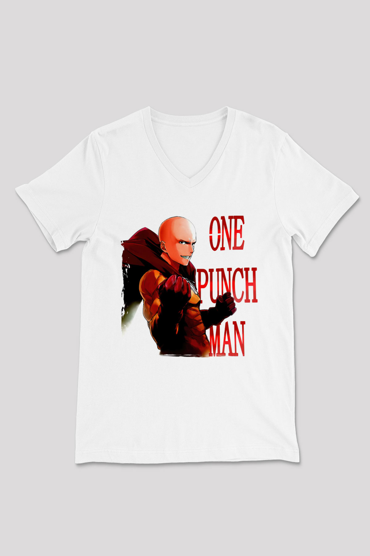 One Punch Man Beyaz Unisex V Yaka Tişört