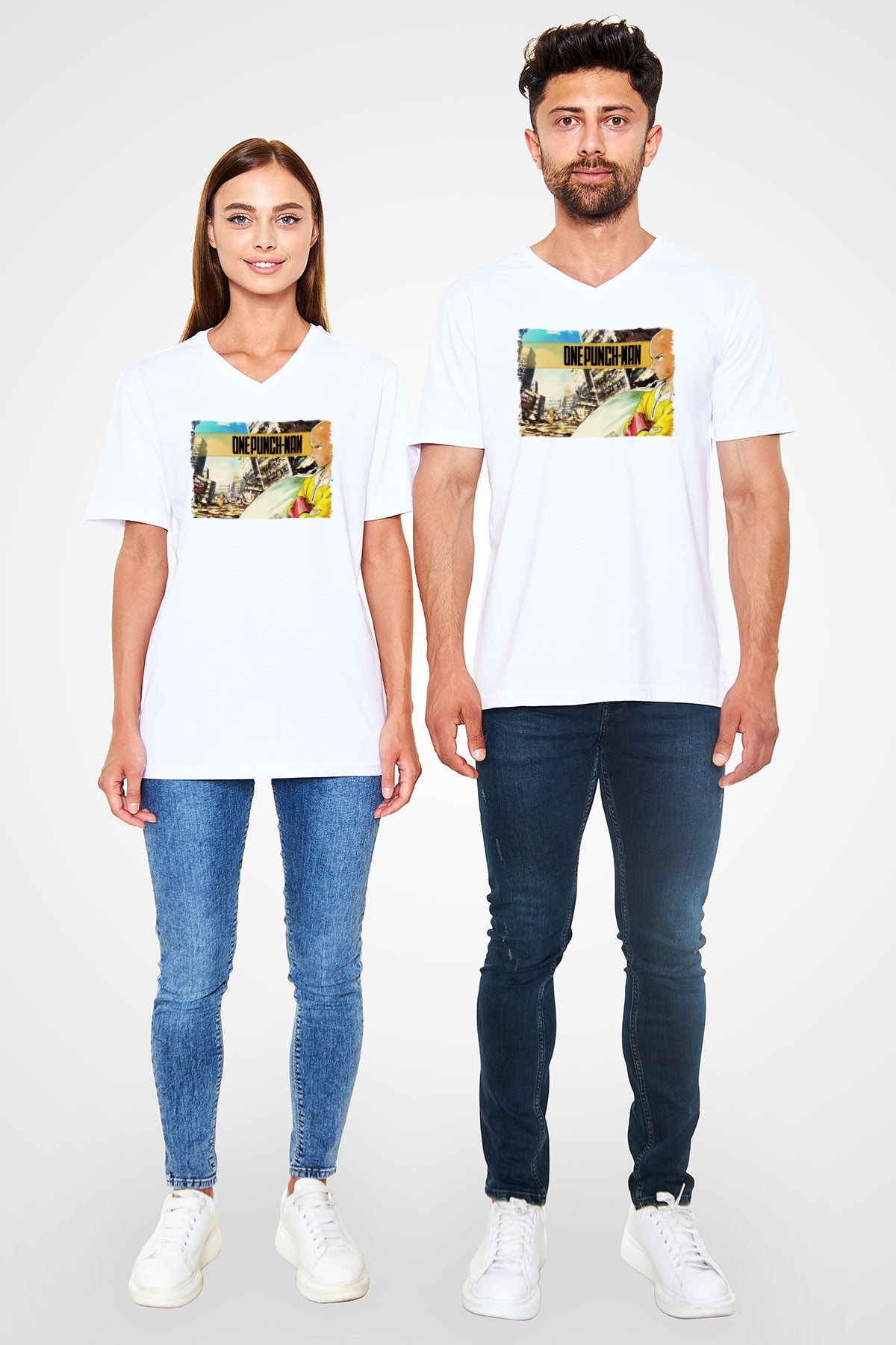 One Punch Man Beyaz Unisex V Yaka Tişört