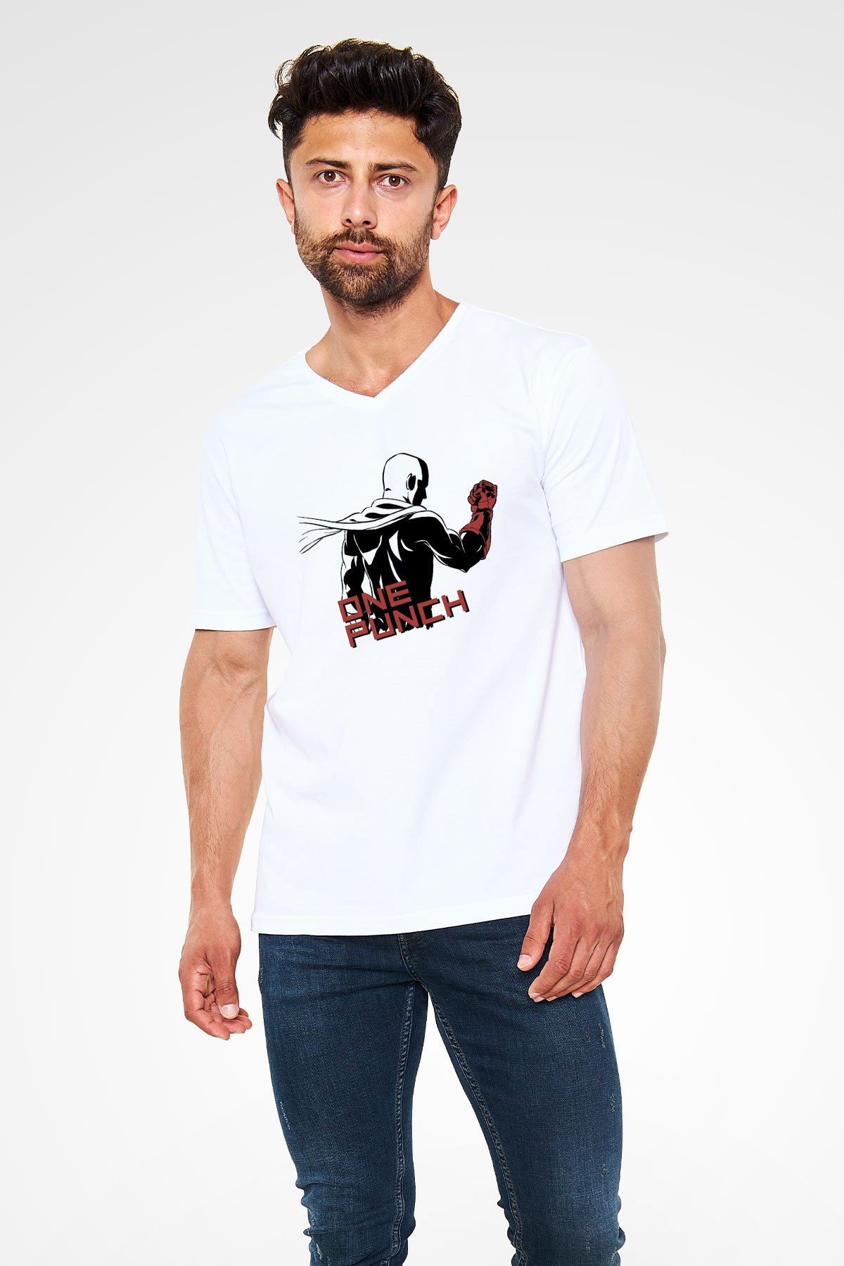 One Punch Man Beyaz Unisex V Yaka Tişört T-Shirt