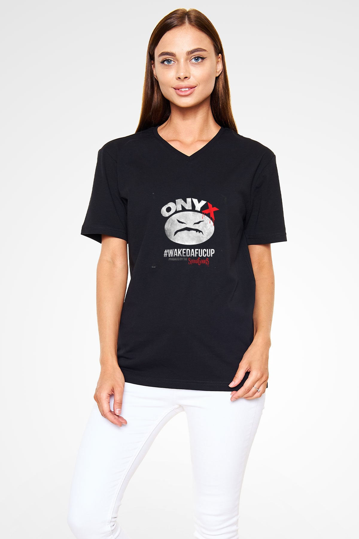 Onyx Baskılı Unisex Siyah V Yaka Tişört