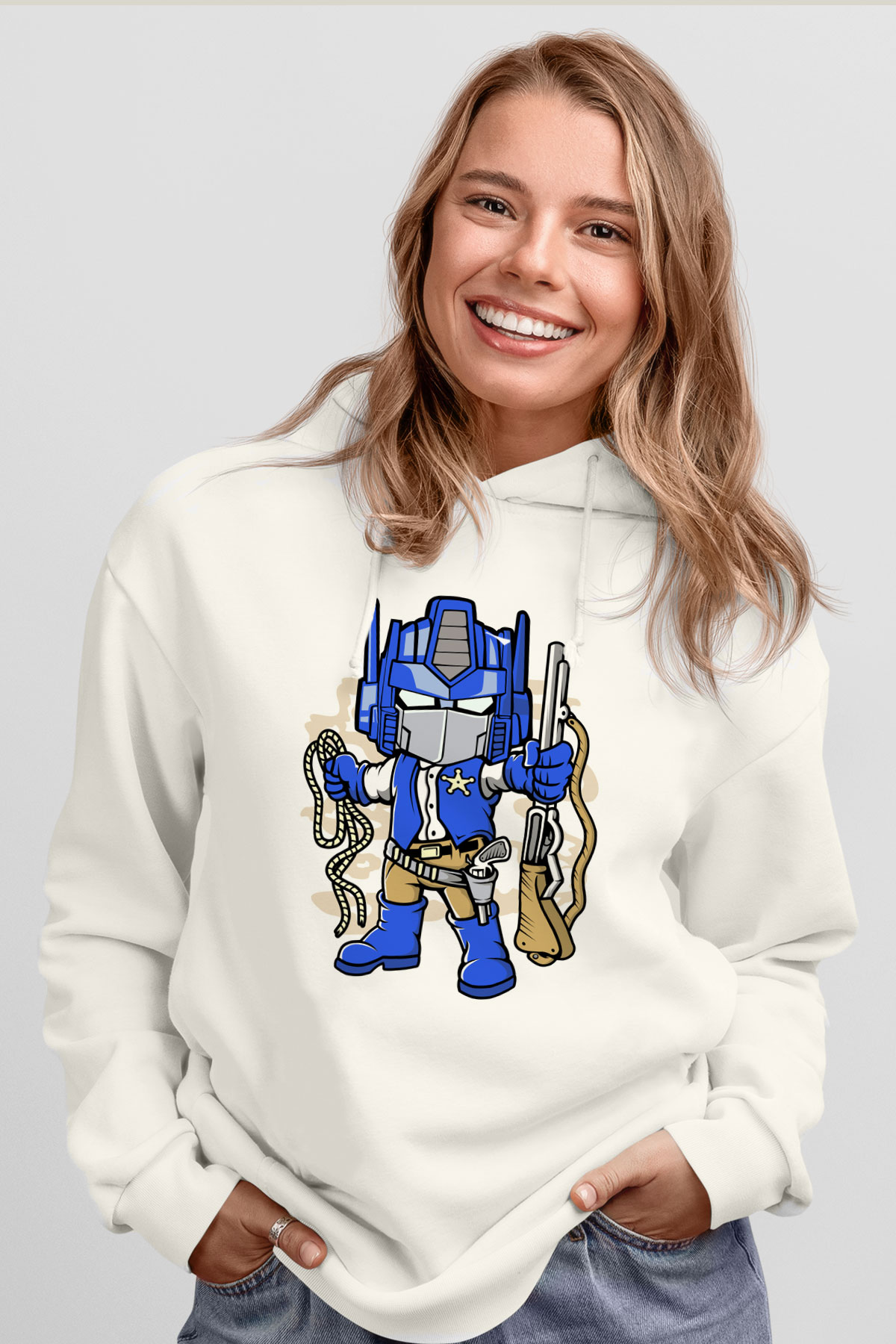 Optimus Cowboy Baskılı Beyaz Unisex Hoodie