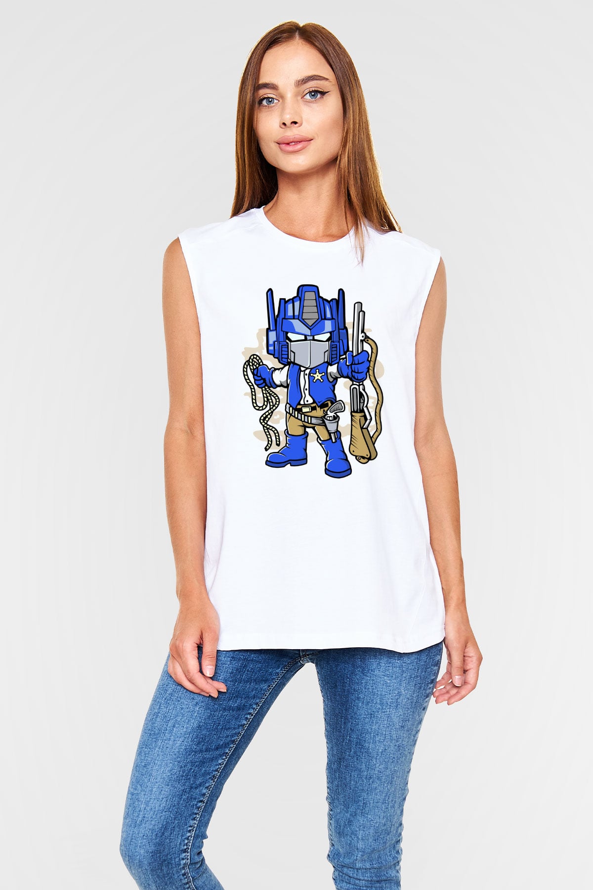 Optimus Cowboy Baskılı Beyaz Unisex Kolsuz Tişört