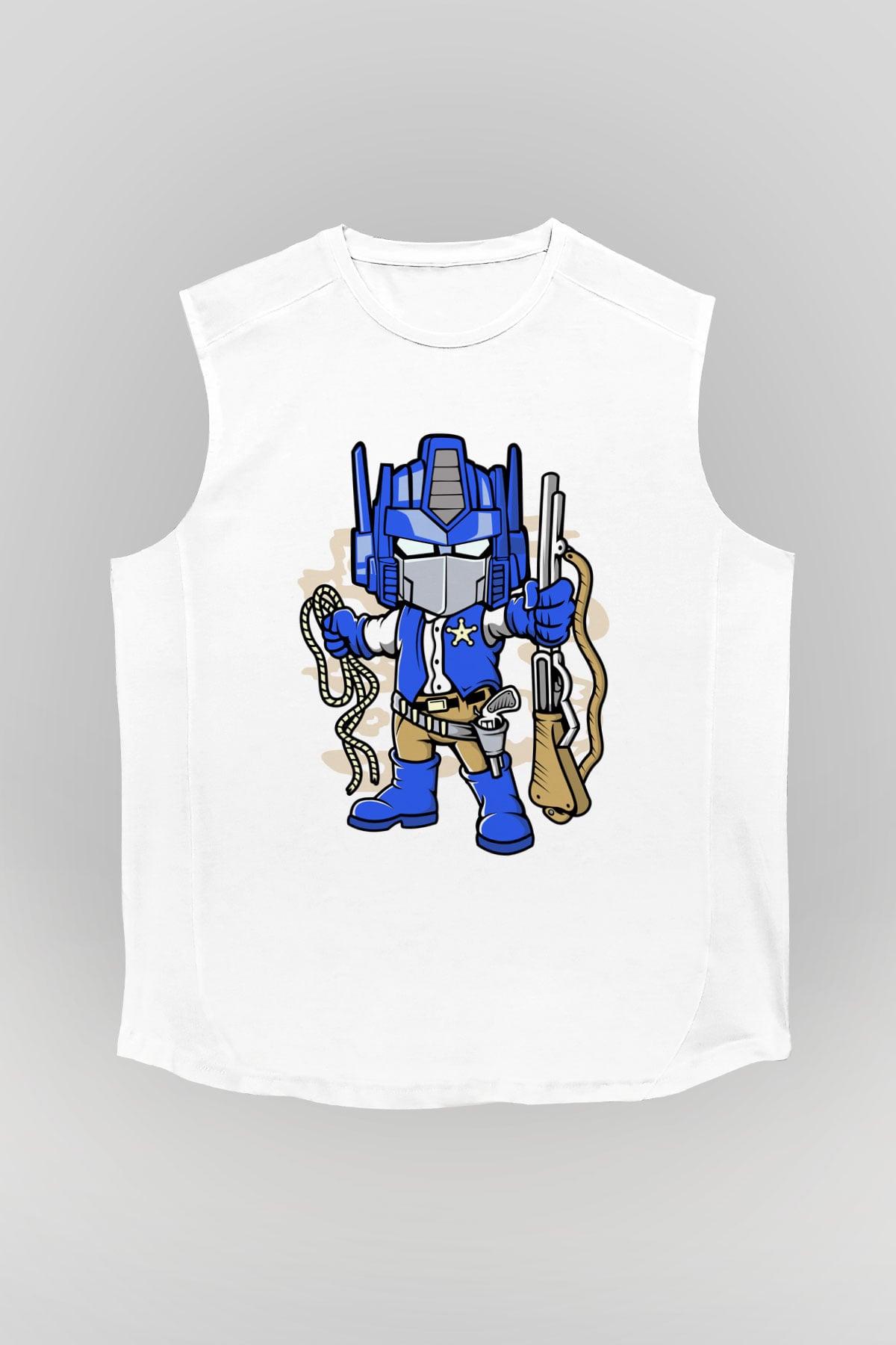 Optimus Cowboy Baskılı Beyaz Unisex Kolsuz Tişört
