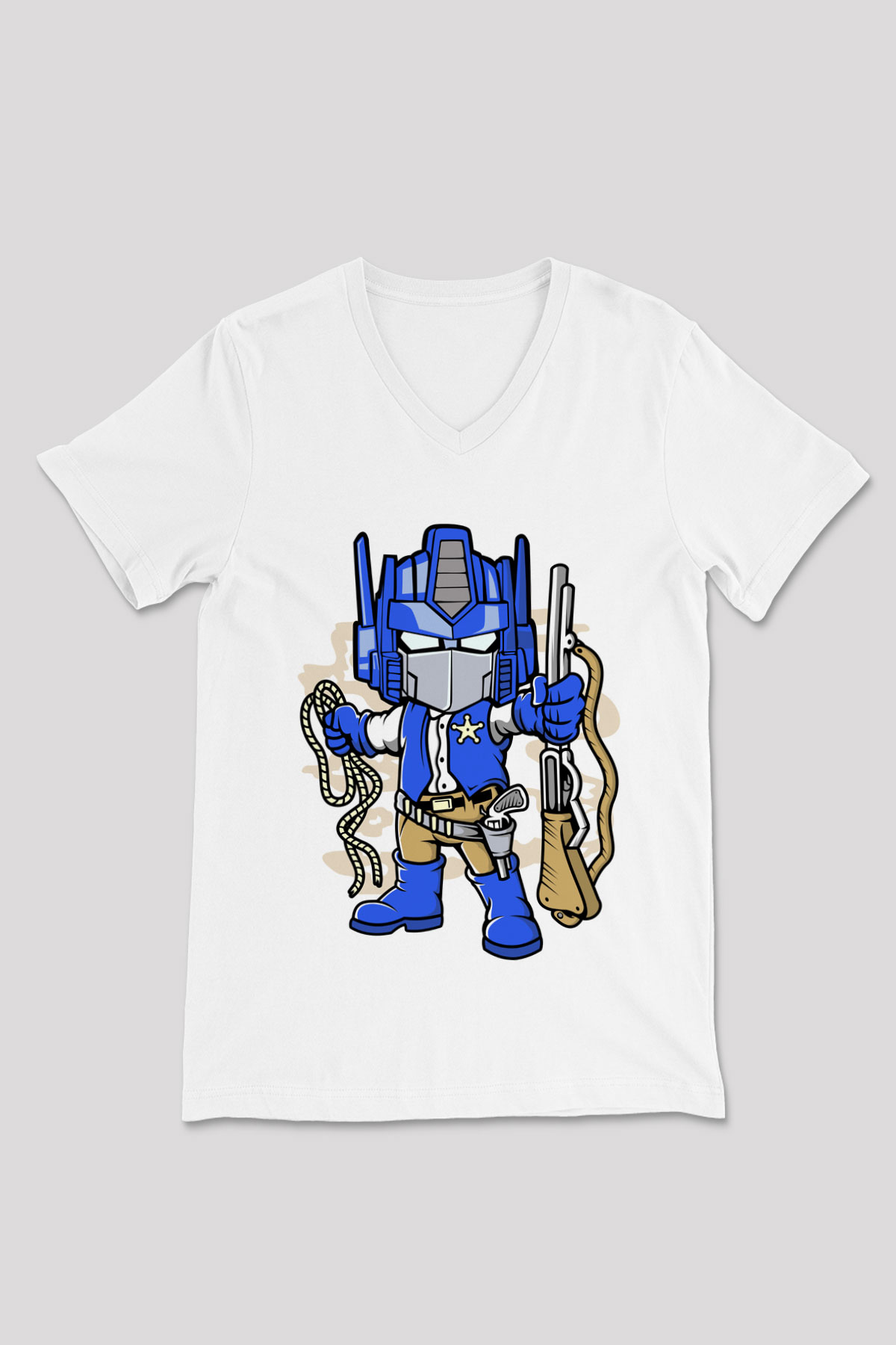 Optimus Cowboy Baskılı Beyaz Unisex V Yaka Tişört