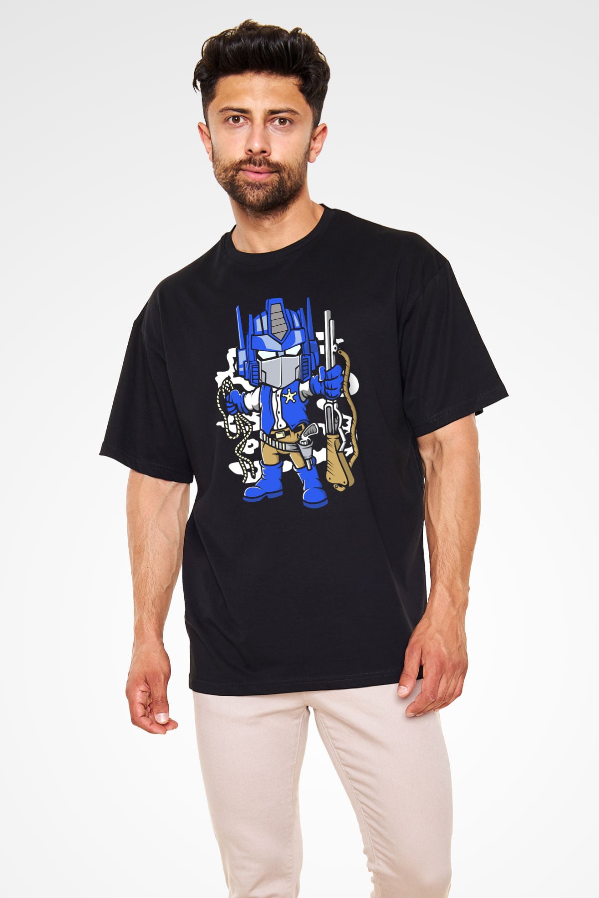 Optimus Cowboy Baskılı Siyah Unisex Oversize Tişört