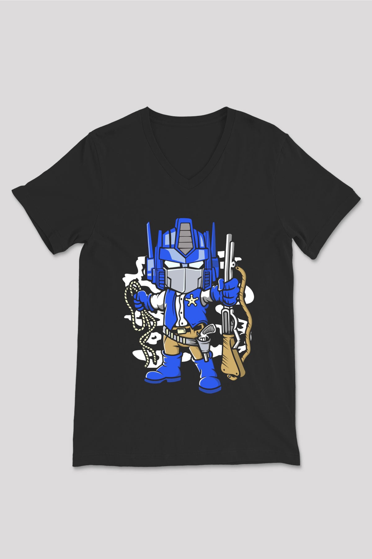 Optimus Cowboy Baskılı Siyah Unisex V Yaka Tişört