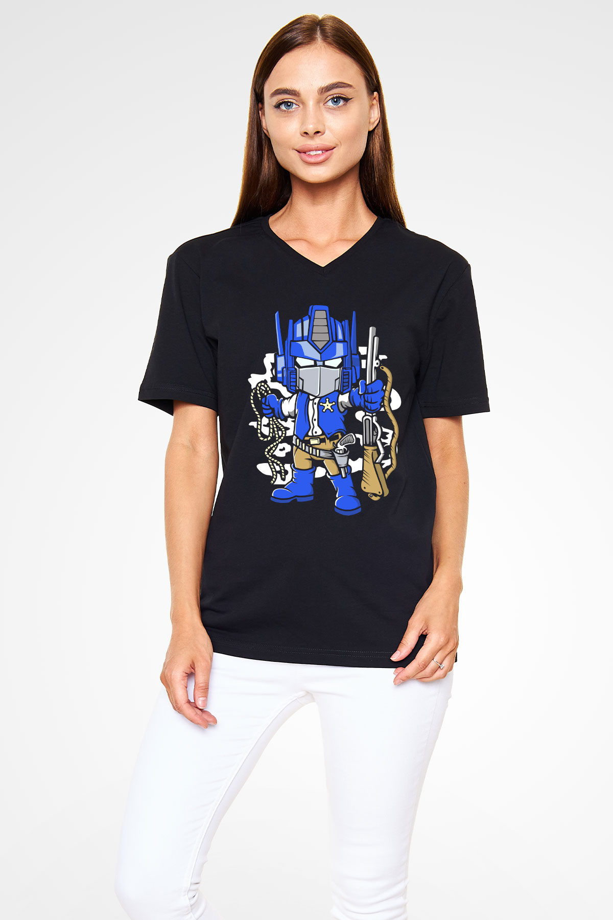 Optimus Cowboy Baskılı Siyah Unisex V Yaka Tişört