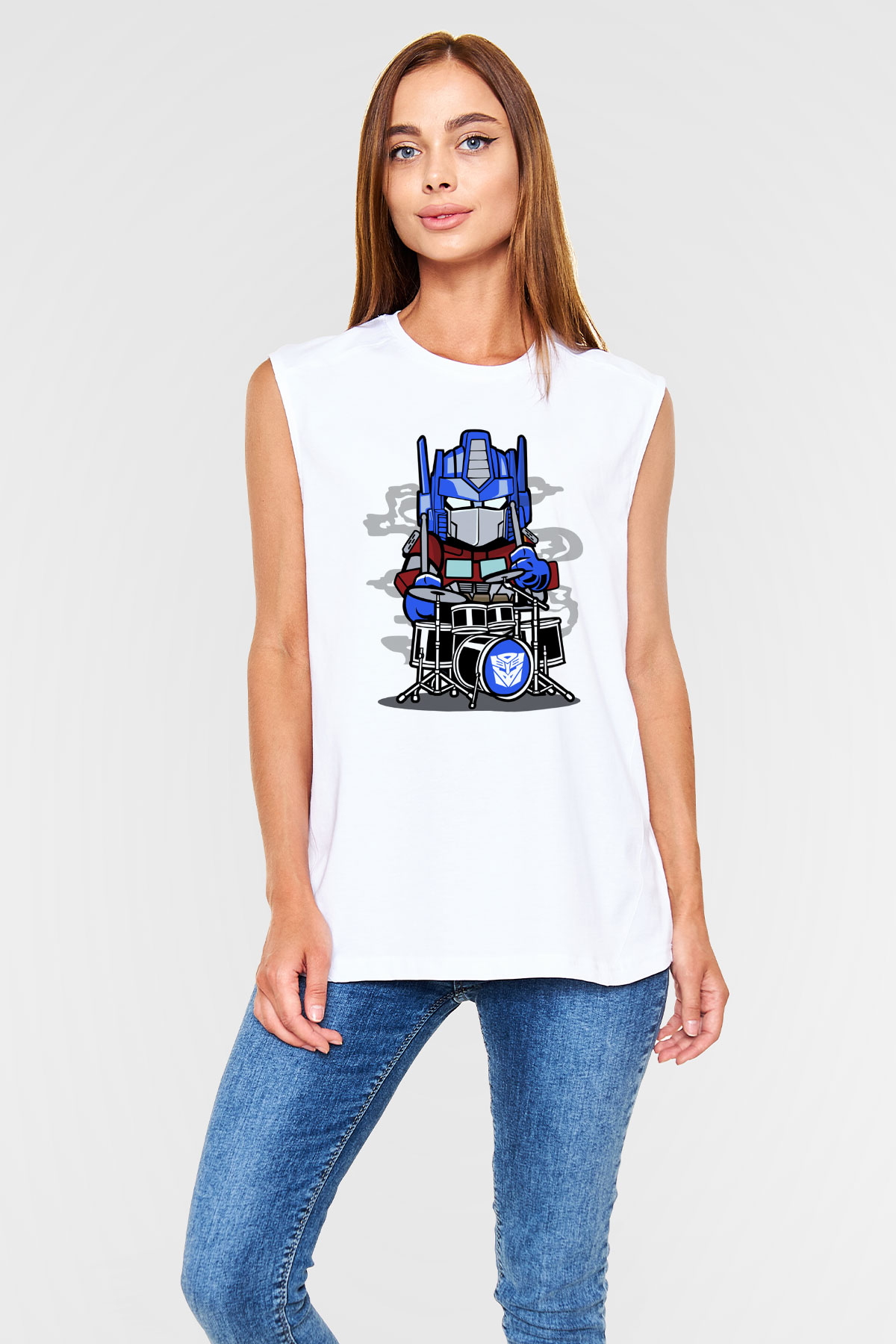 Optimus Drummer Baskılı Beyaz Unisex Kolsuz Tişört