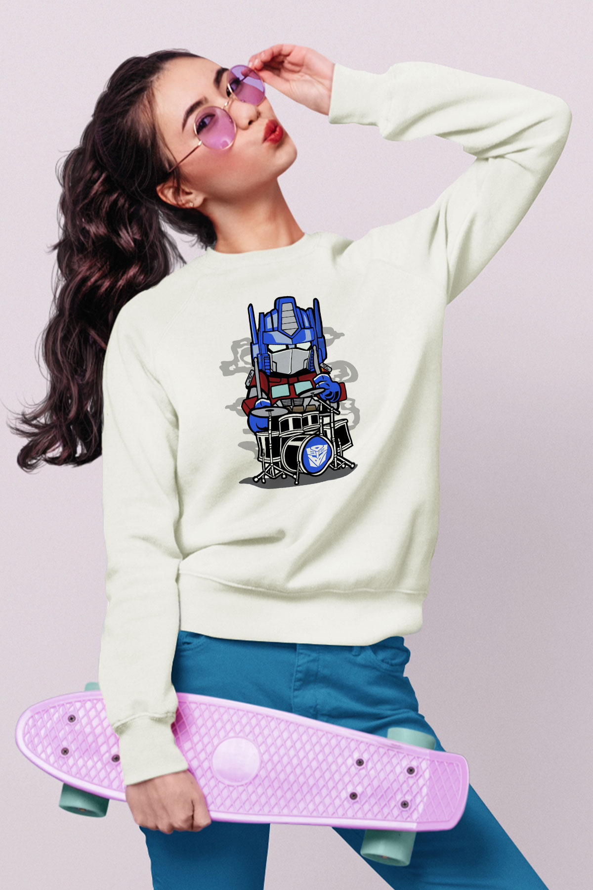 Optimus Drummer Baskılı Beyaz Unisex Sweatshirt