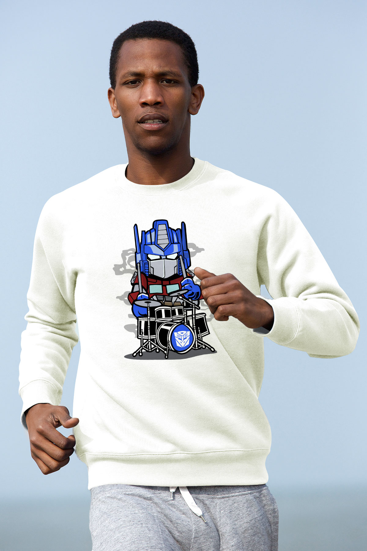 Optimus Drummer Baskılı Beyaz Unisex Sweatshirt
