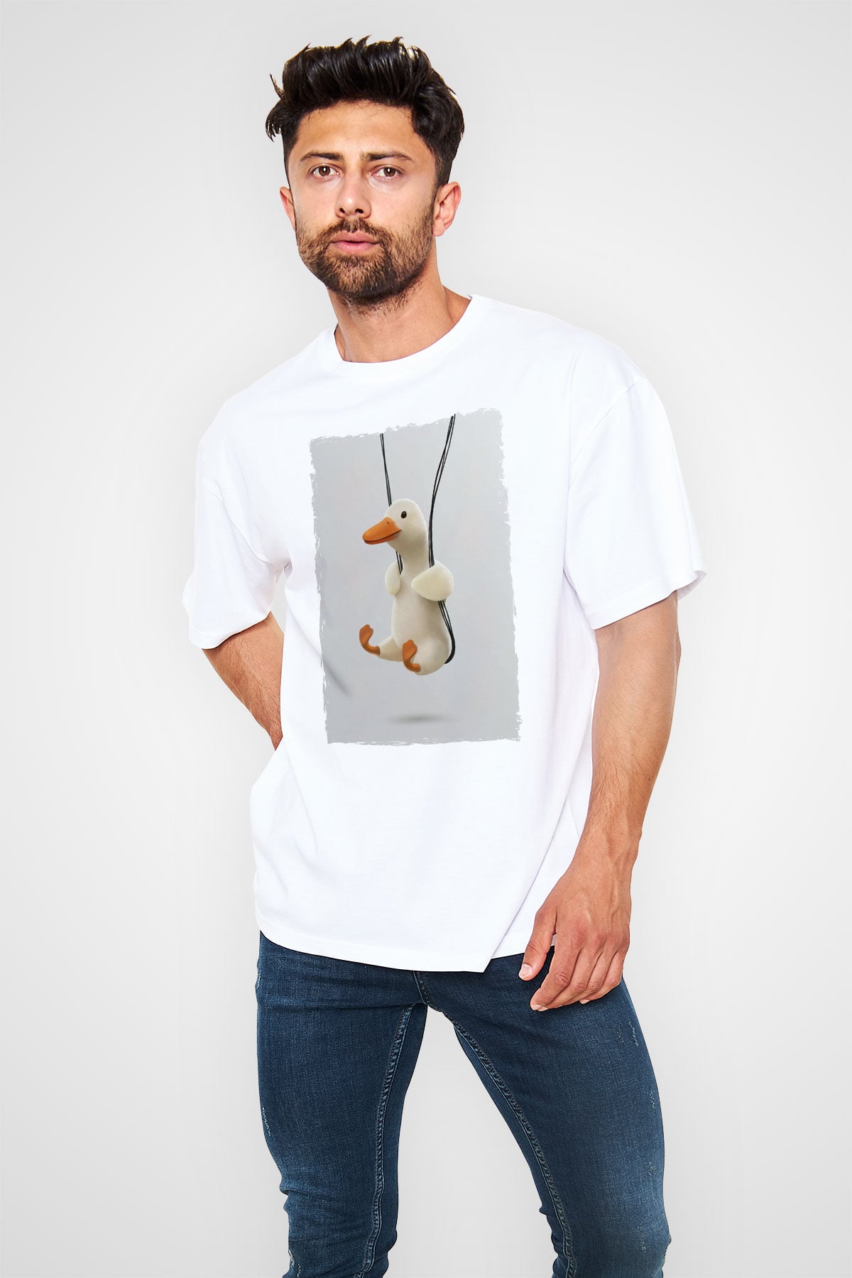 Ördek Baskılı Unisex Beyaz Tişört