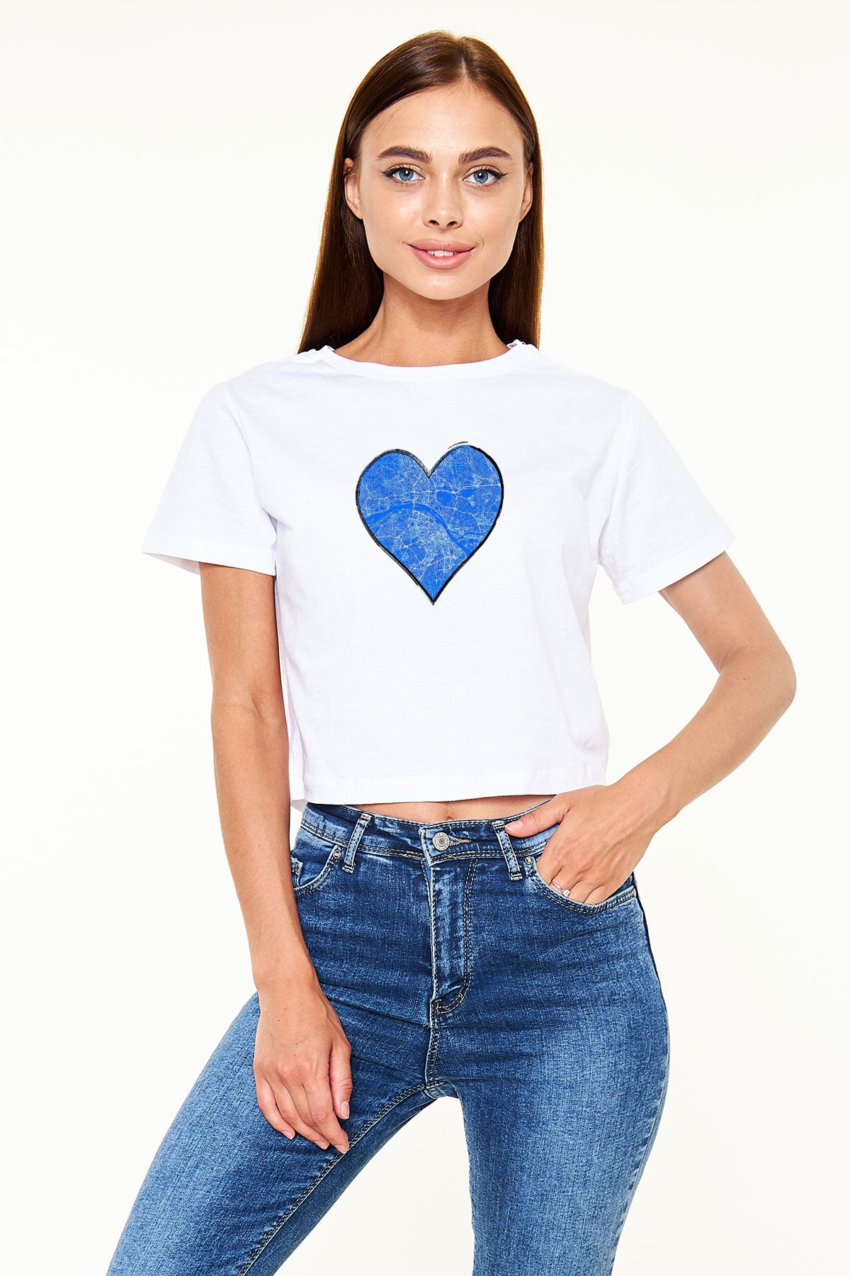Orienteering Baskılı Crop Top Beyaz Tişört - T-shirt