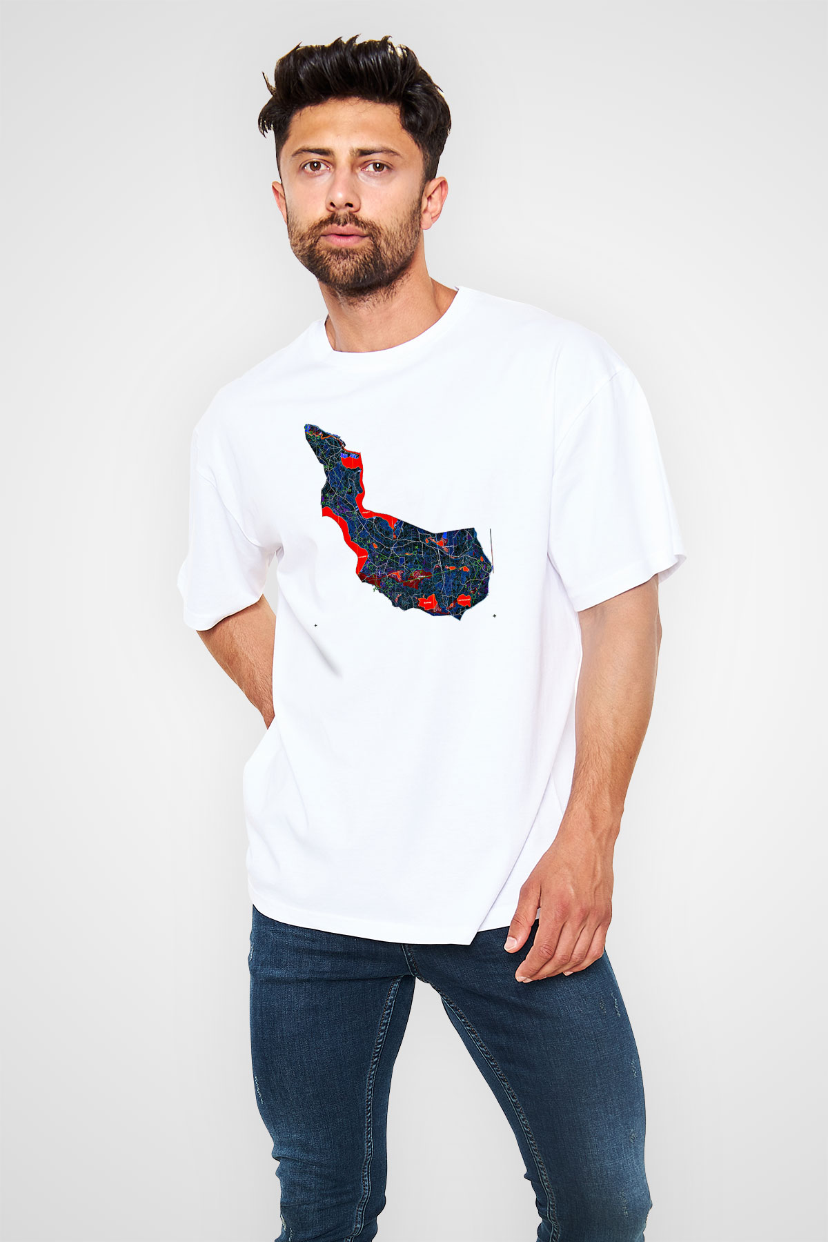 Orienteering Baskılı Unisex Beyaz Oversize Tişört - Tshirt