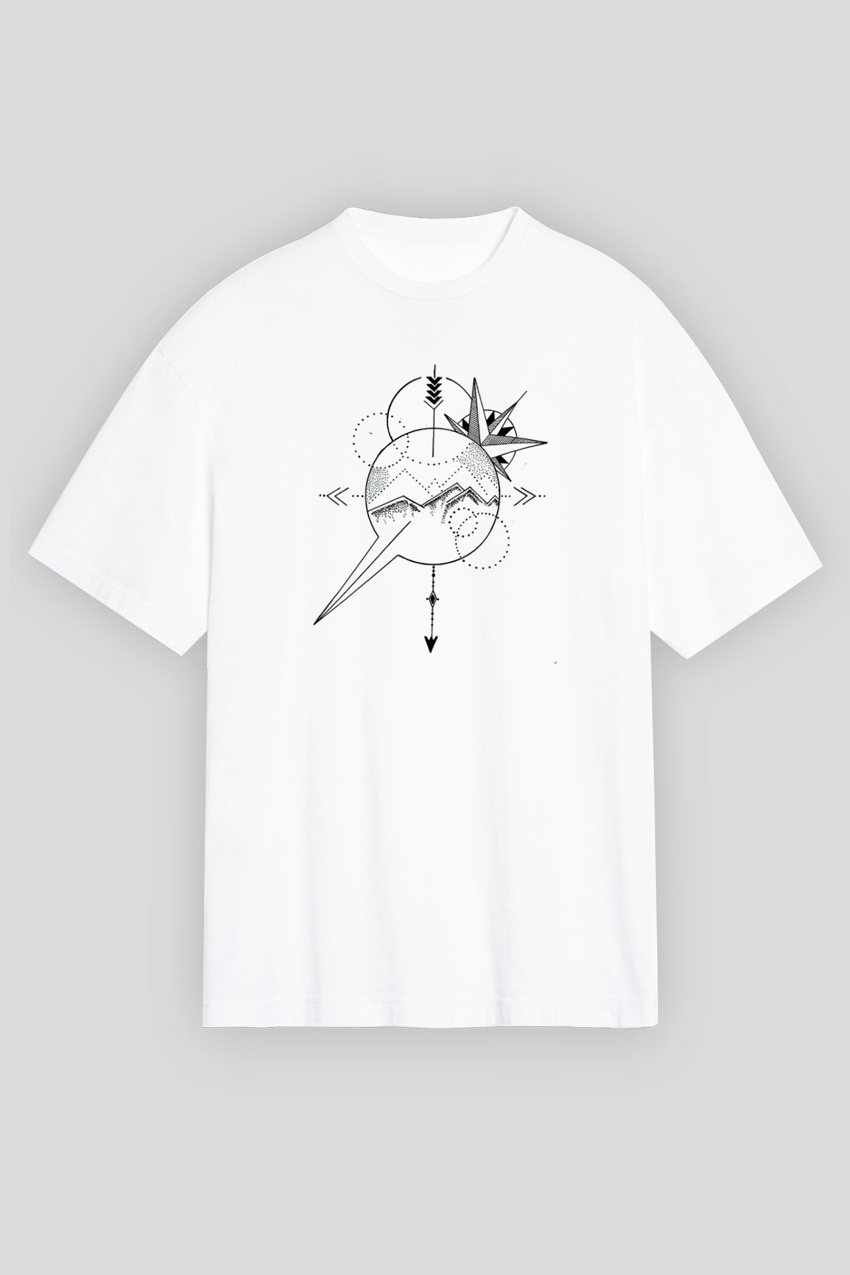 Orienteering Baskılı Unisex Beyaz Oversize Tişört - Tshirt