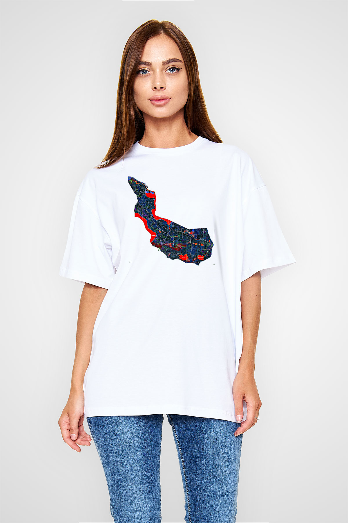 Orienteering Baskılı Unisex Beyaz Oversize Tişört - Tshirt
