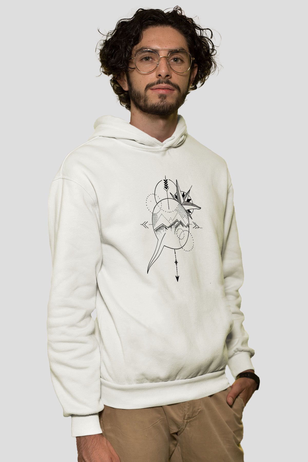 Orienteering Baskılı Unisex Ekru Hoodie
