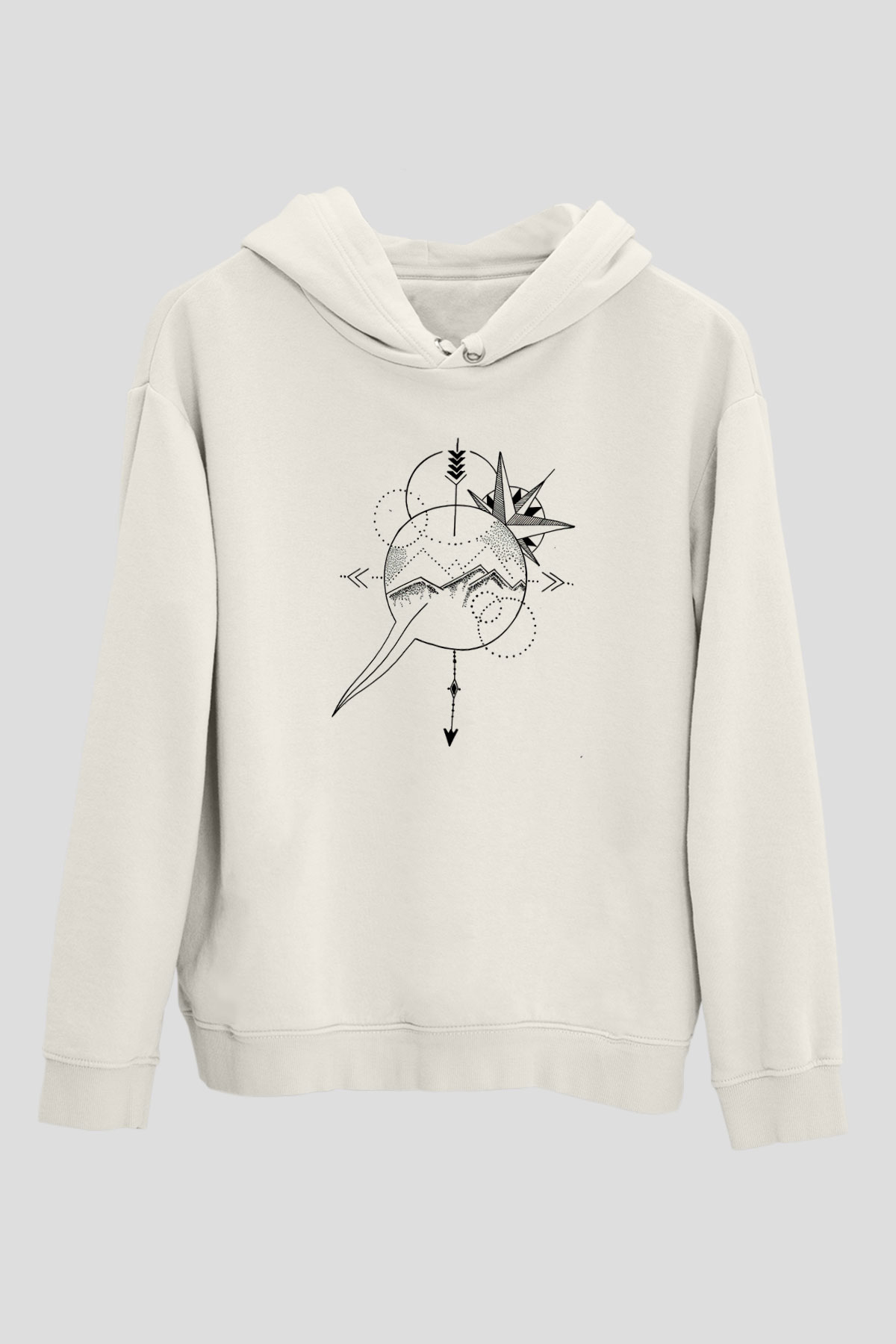 Orienteering Baskılı Unisex Ekru Hoodie