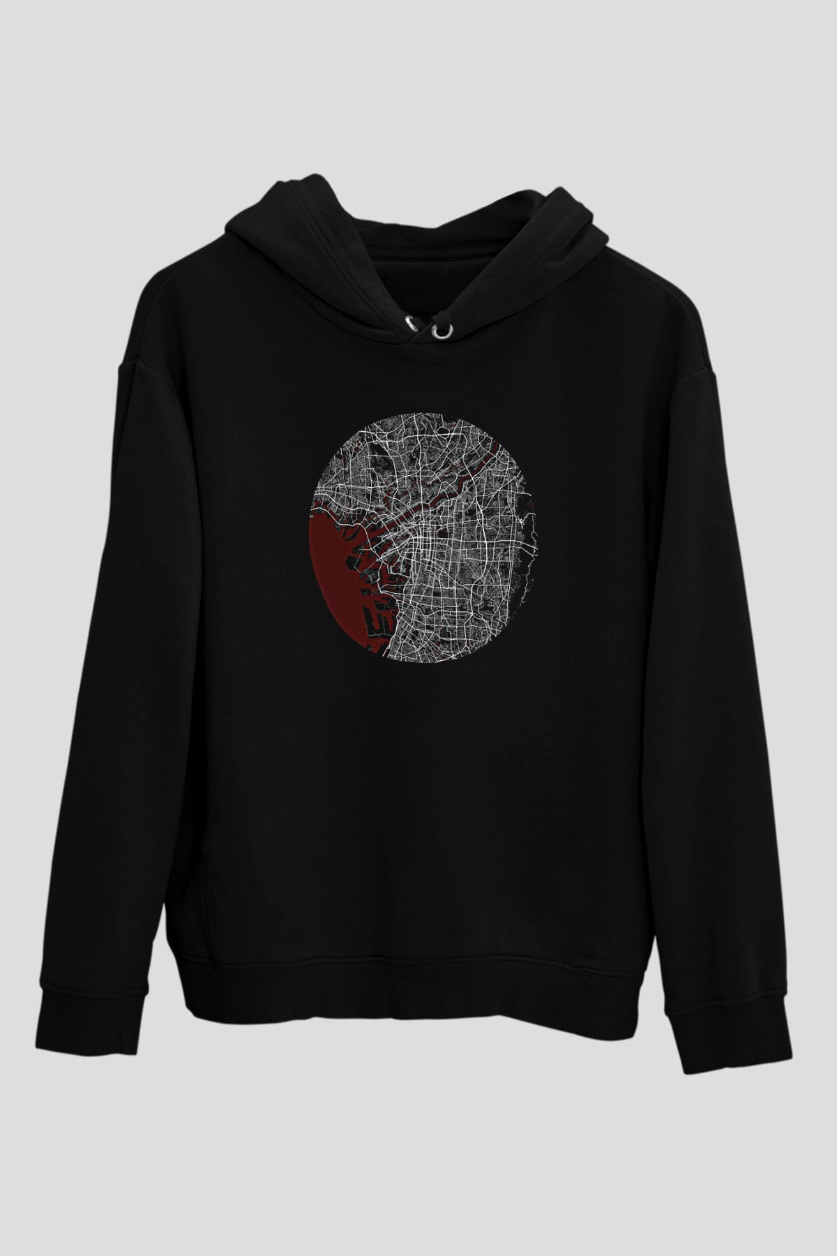 Orienteering Baskılı Unisex Siyah Kapüşonlu Sweatshirt
