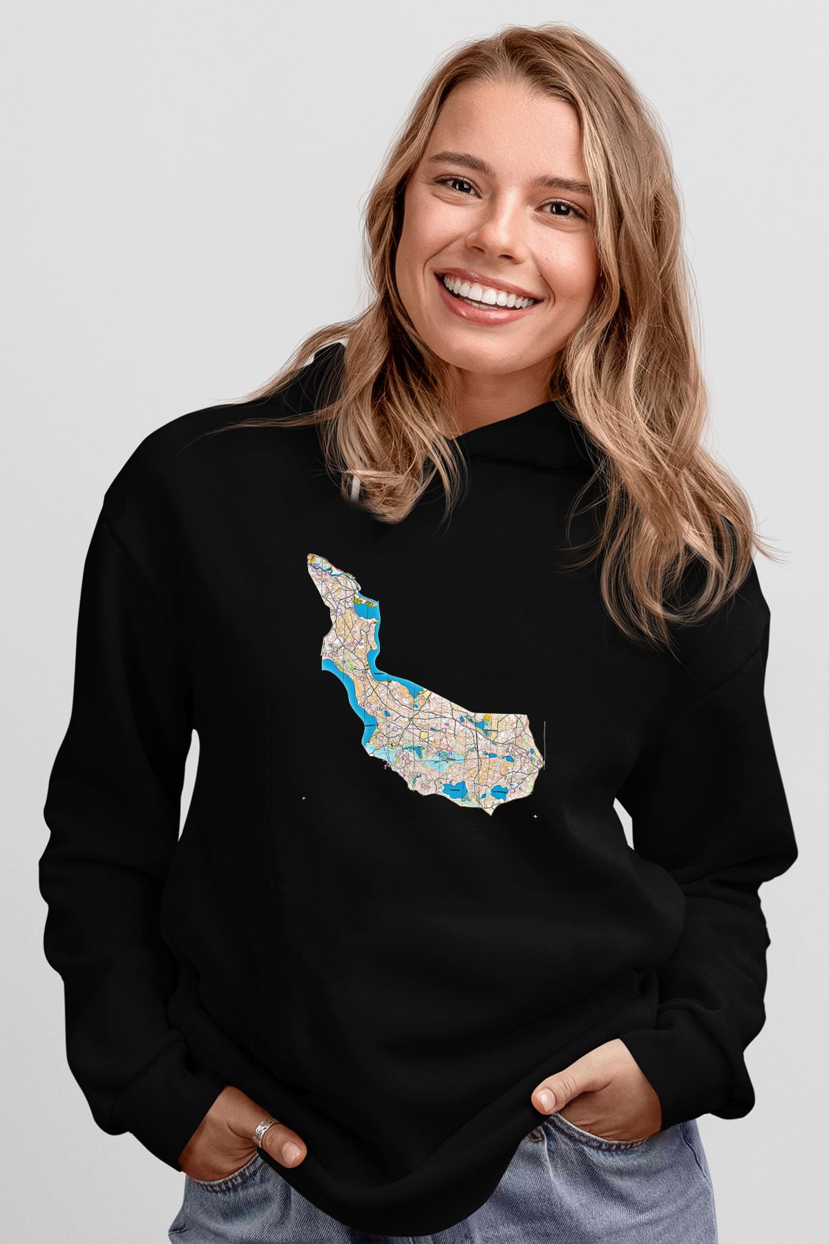 Orienteering Baskılı Unisex Siyah Kapüşonlu Sweatshirt