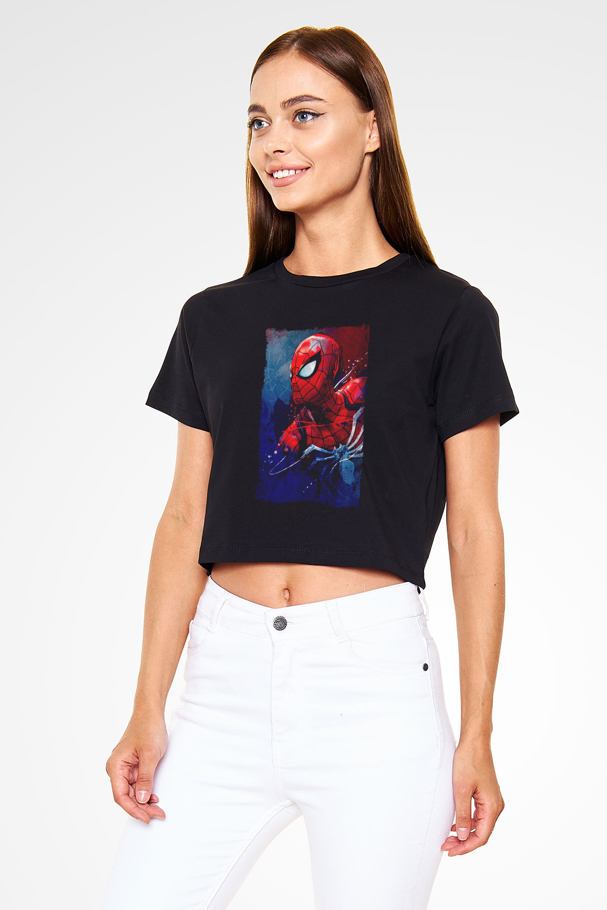 Örümcek Baskılı  Siyah  Crop Top Tişört