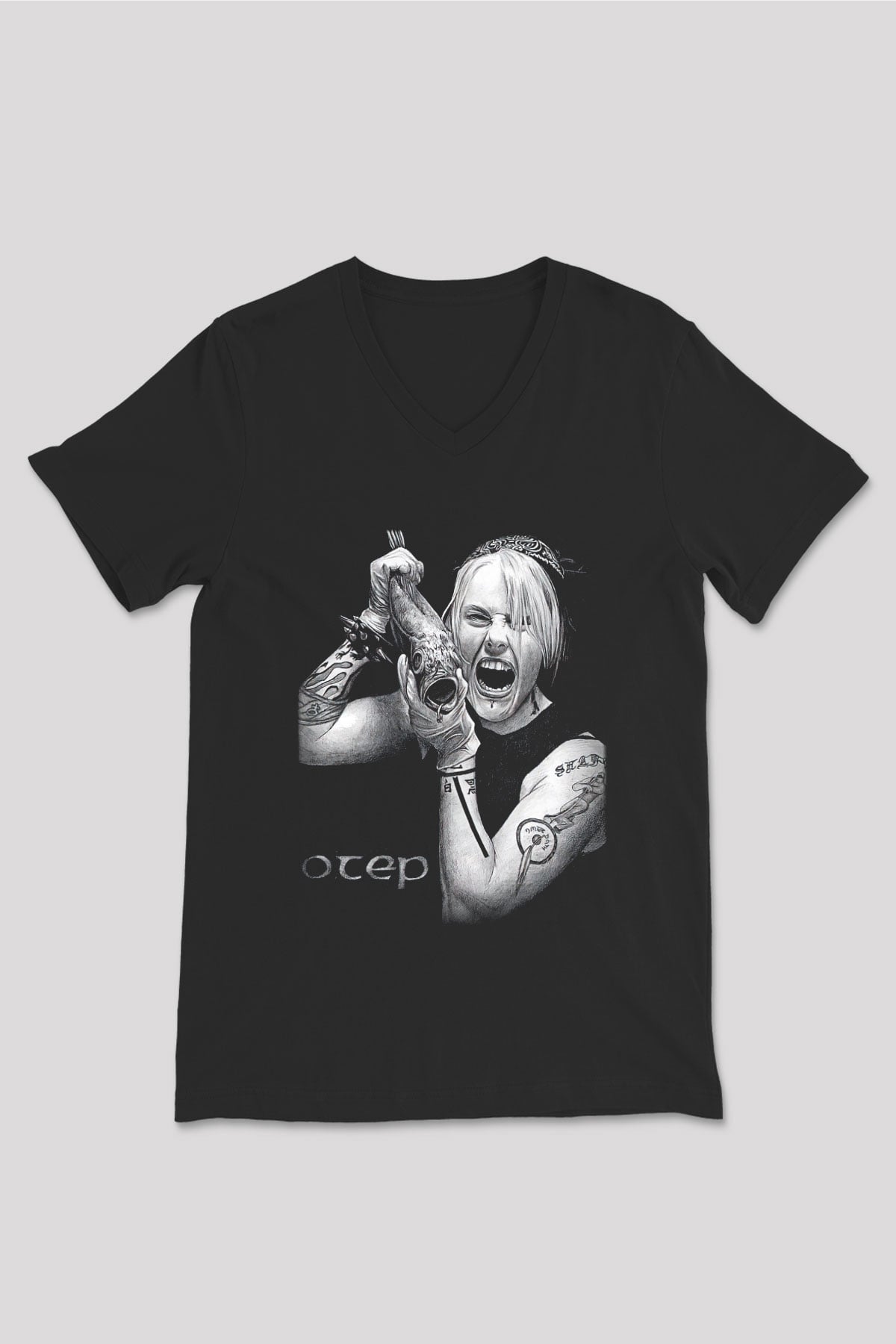 Otep Baskılı Unisex Siyah V Yaka Tişört - Tshirt