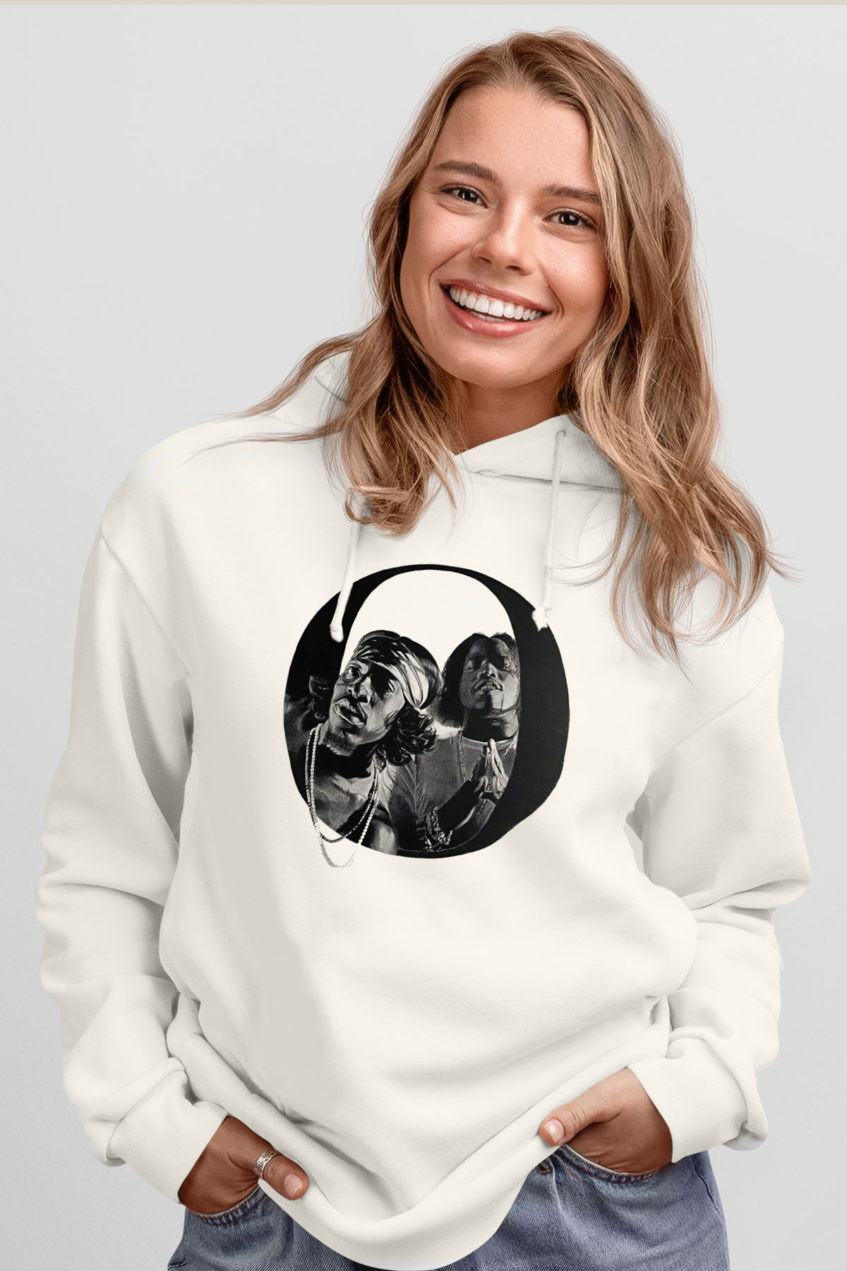 OutKast Baskılı Beyaz Unisex Kapüşonlu Sweatshirt