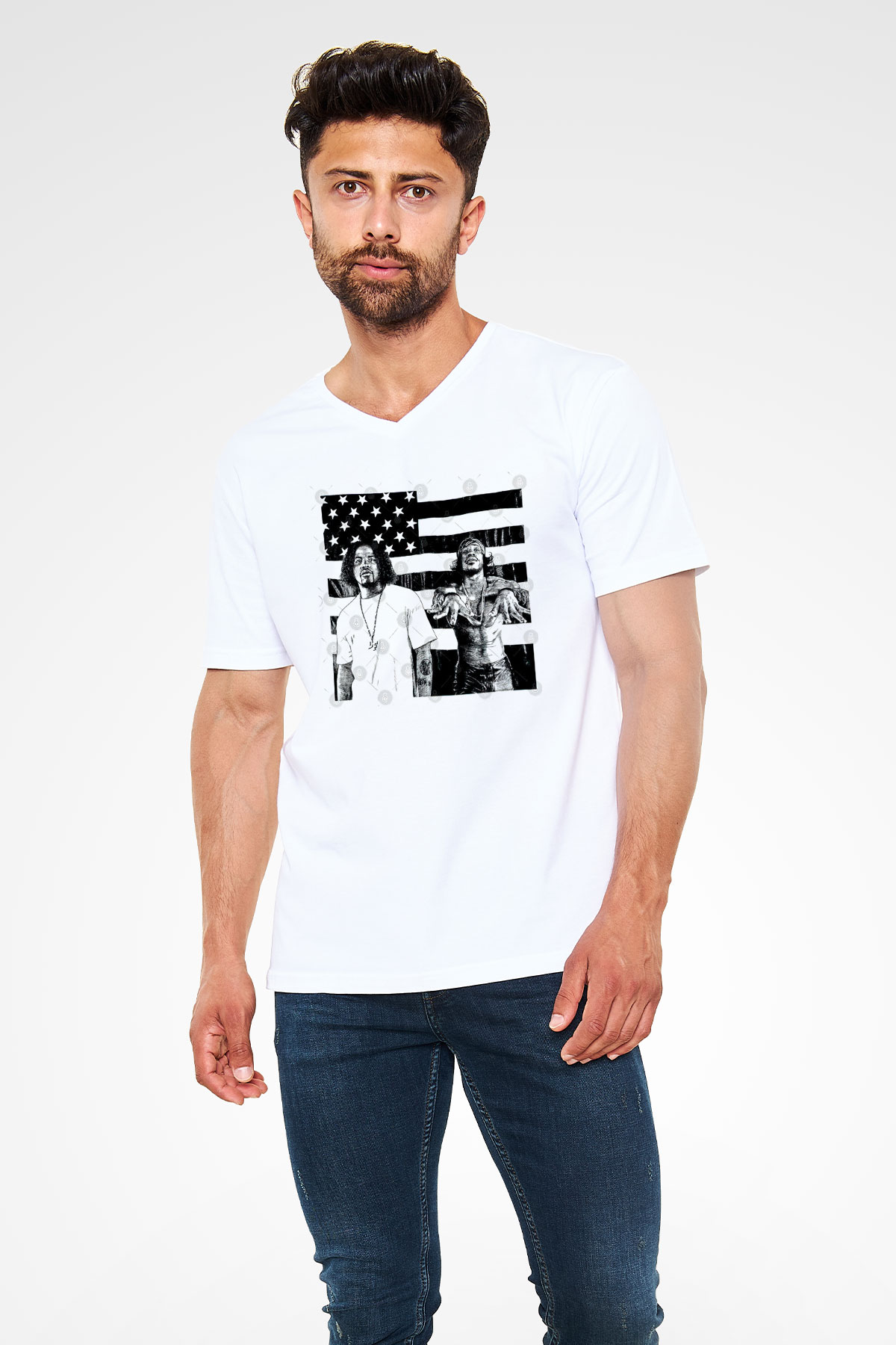 OutKast Baskılı Beyaz Unisex V Yaka Tişört - Tshirt