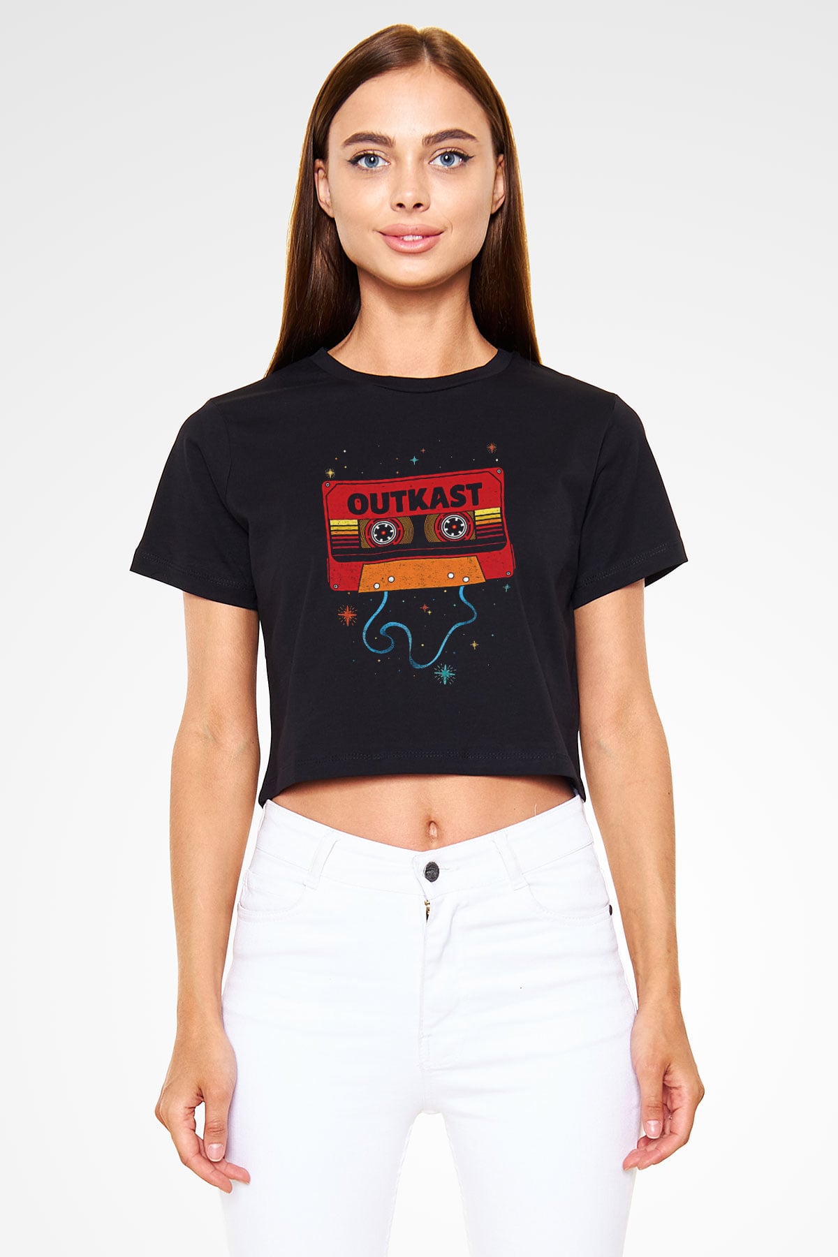 OutKast Baskılı Siyah Crop Top Kadın Tişört - Tshirt