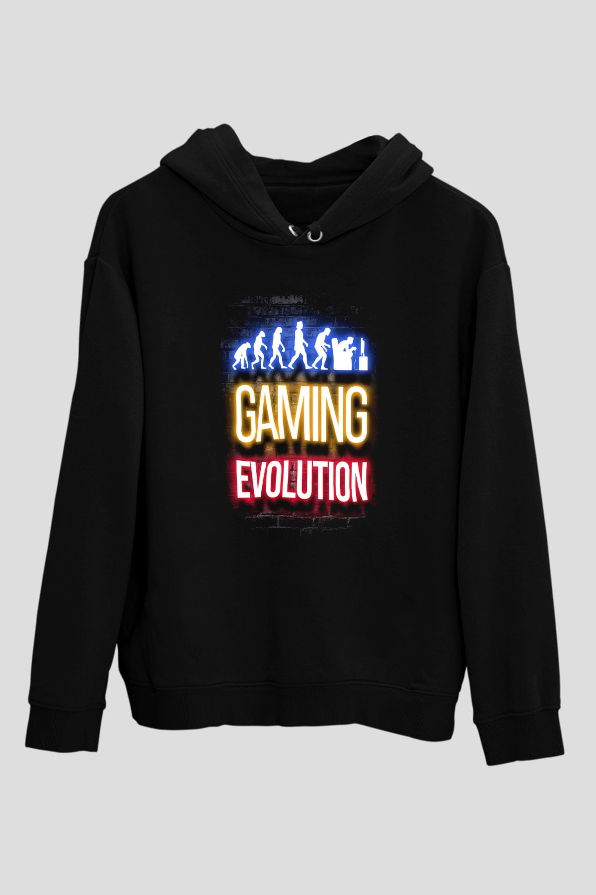Oyuncu Evrimi Baskılı Unisex Siyah Kapüşonlu Sweatshirt
