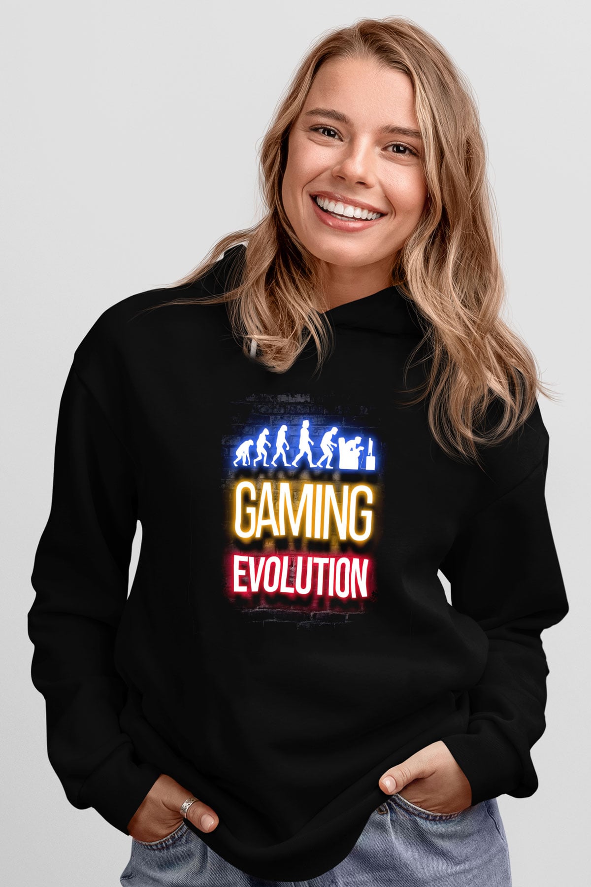 Oyuncu Evrimi Baskılı Unisex Siyah Kapüşonlu Sweatshirt