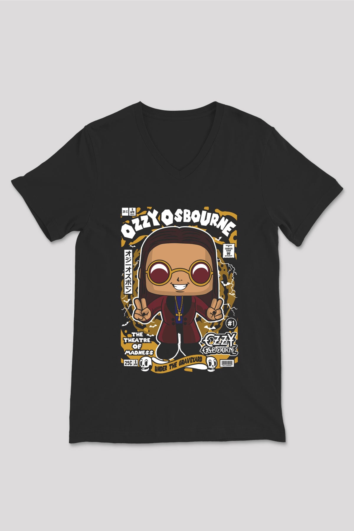 Ozzy Osbourne Baskılı Unisex Siyah V Yaka Tişört