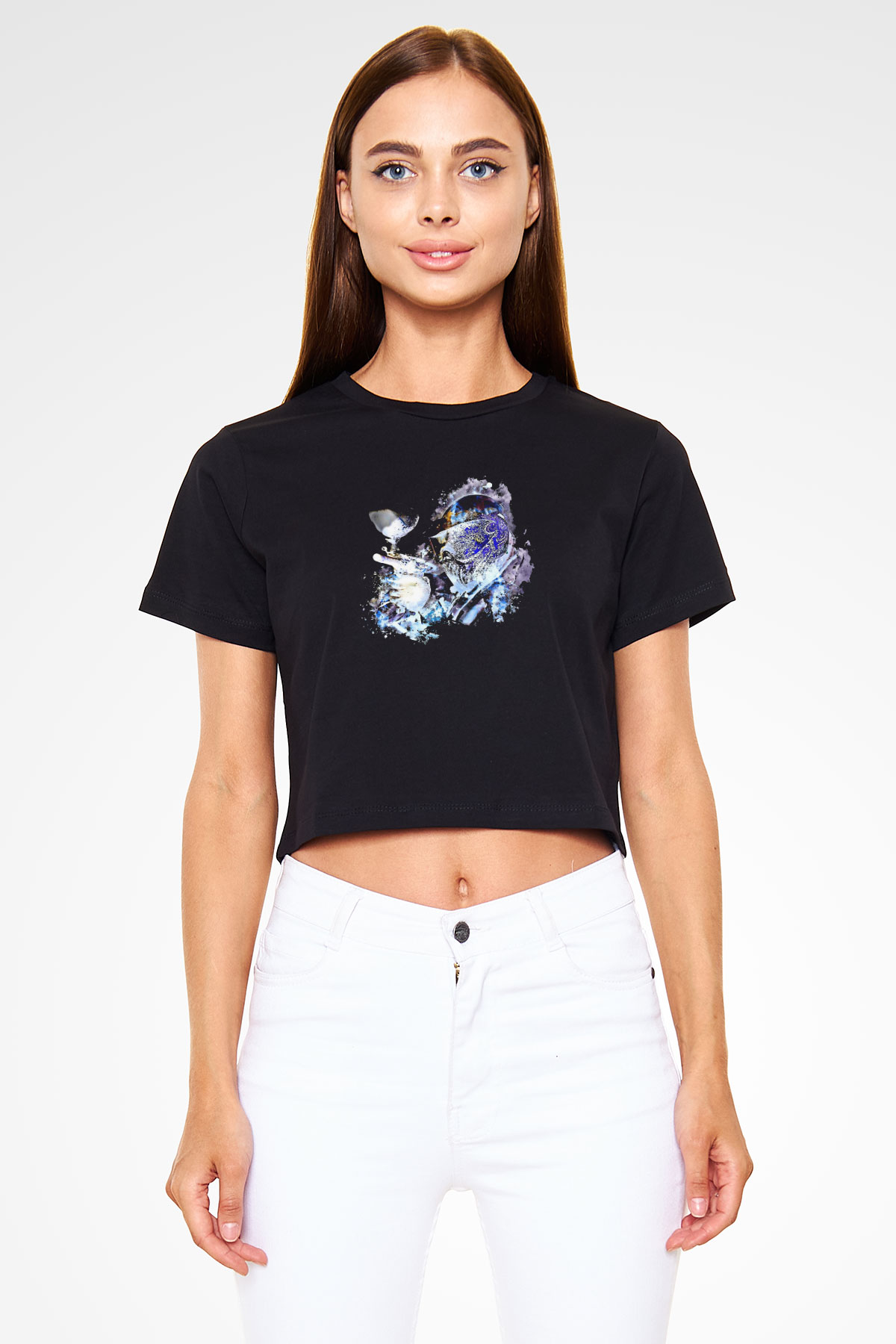 Paintball Baskılı Crop Top Siyah Kadın Tişört - Tshirt