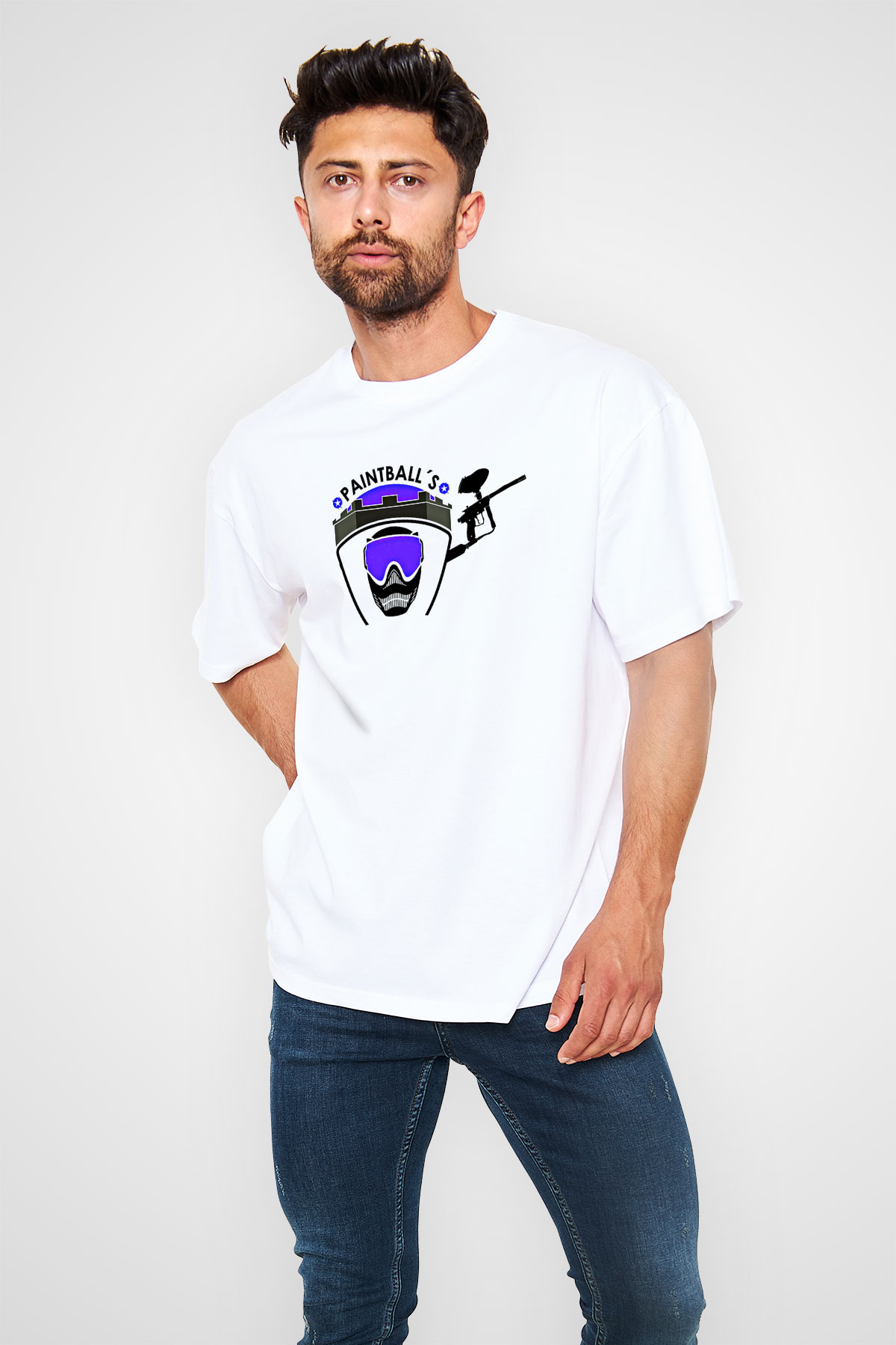 Paintball Baskılı Unisex Beyaz Oversize Tişört - Tshirt