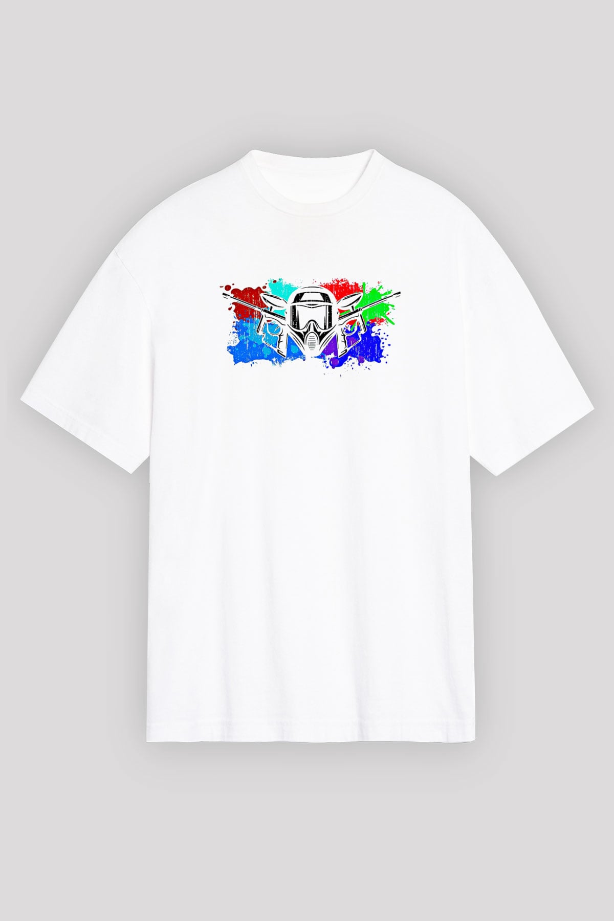 Paintball Baskılı Unisex Beyaz Oversize Tişört - Tshirt