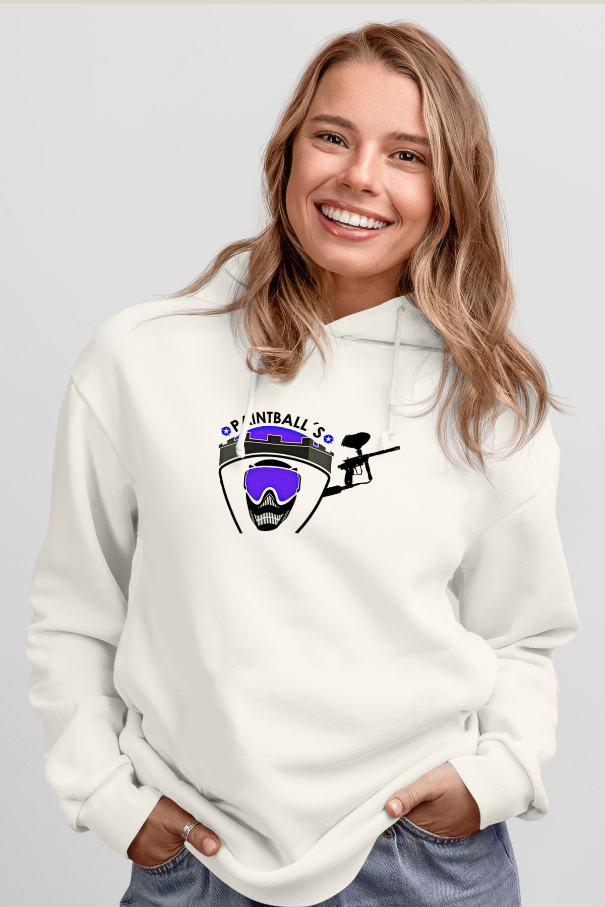 Paintball Baskılı Unisex Ekru Hoodie