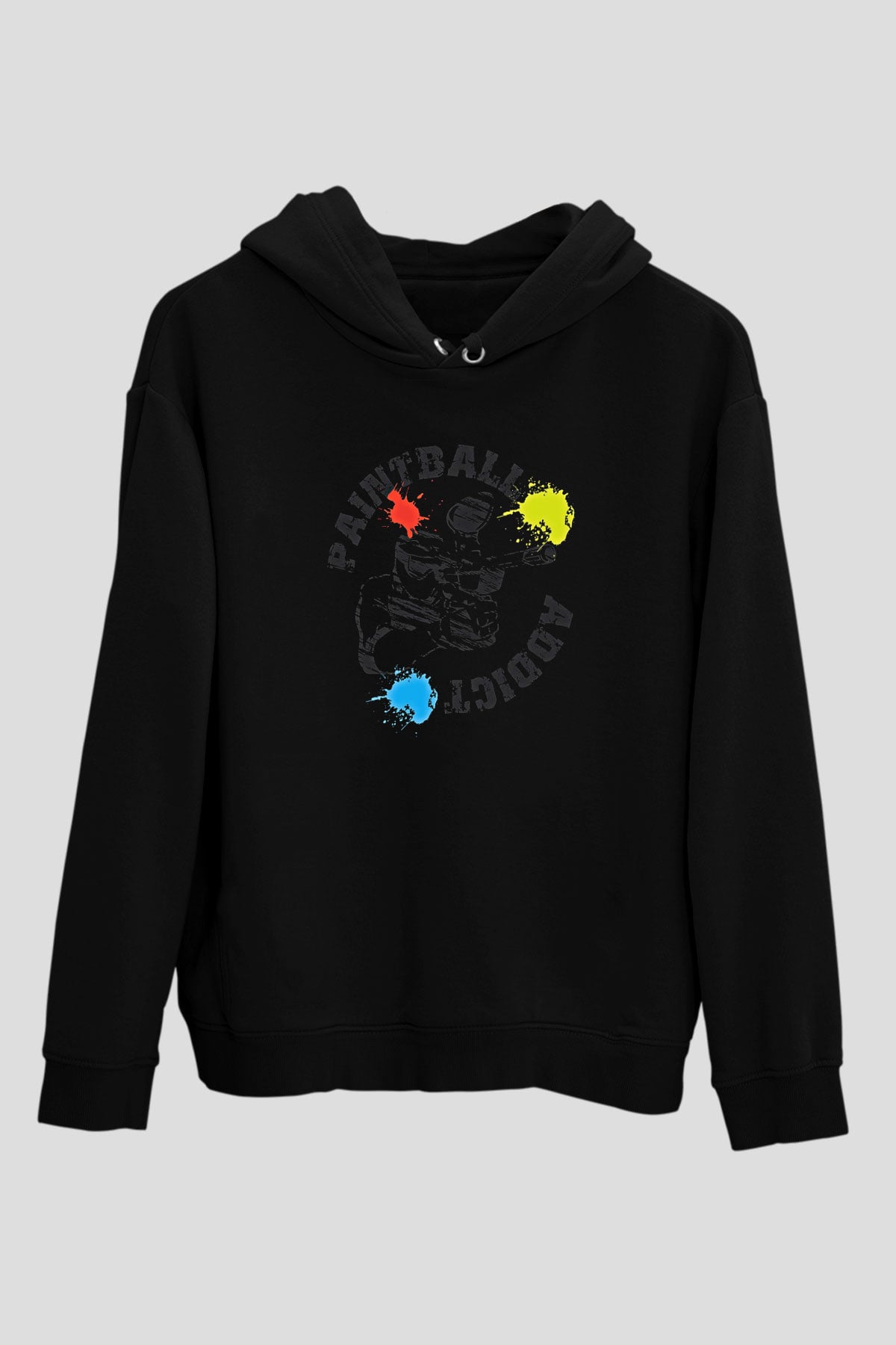 Paintball Baskılı Unisex Siyah Kapüşonlu Sweatshirt