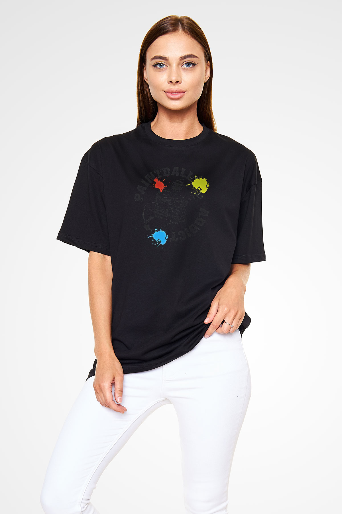 Paintball Baskılı Unisex Siyah Oversize Tişört