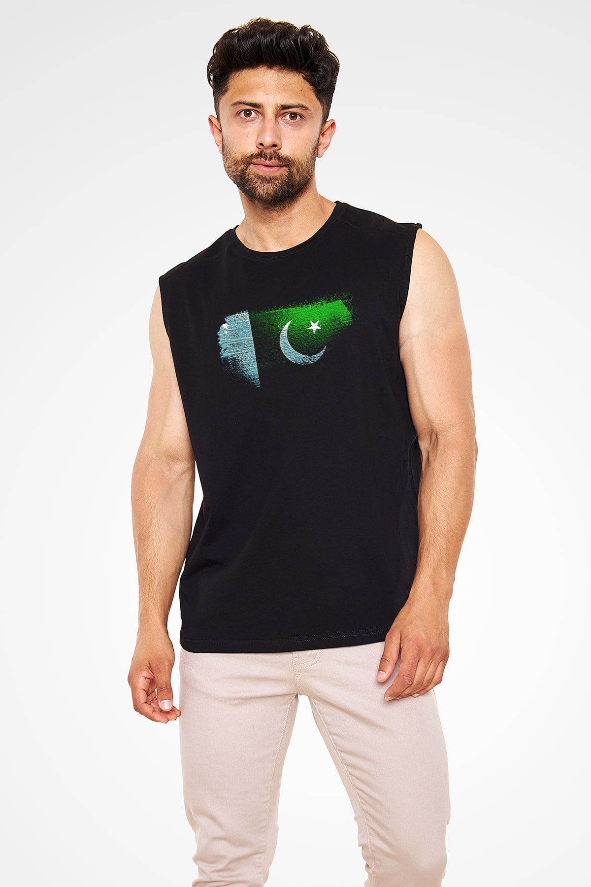 Pakistan Bayrağı Baskılı Unisex Siyah Kolsuz Tişört